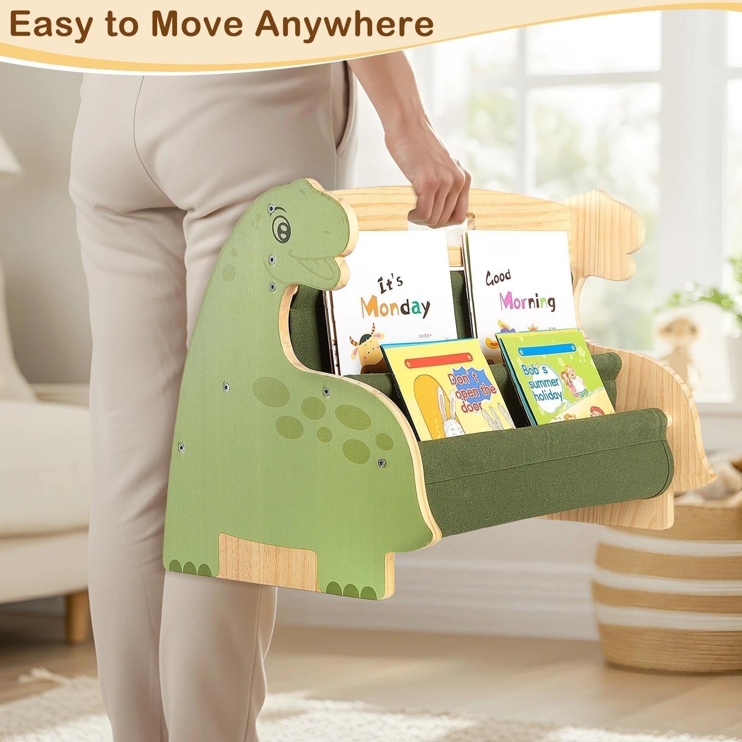 SheSeek Toddler Bookshelf Double-Sided with 4 Tier Deep Sleeves Kids Wooden Montessori Book Rack for Baby Nursery Room, Playroom, Classroom or Bedroom Bookcase Storage Organizer, Green Dinosaur