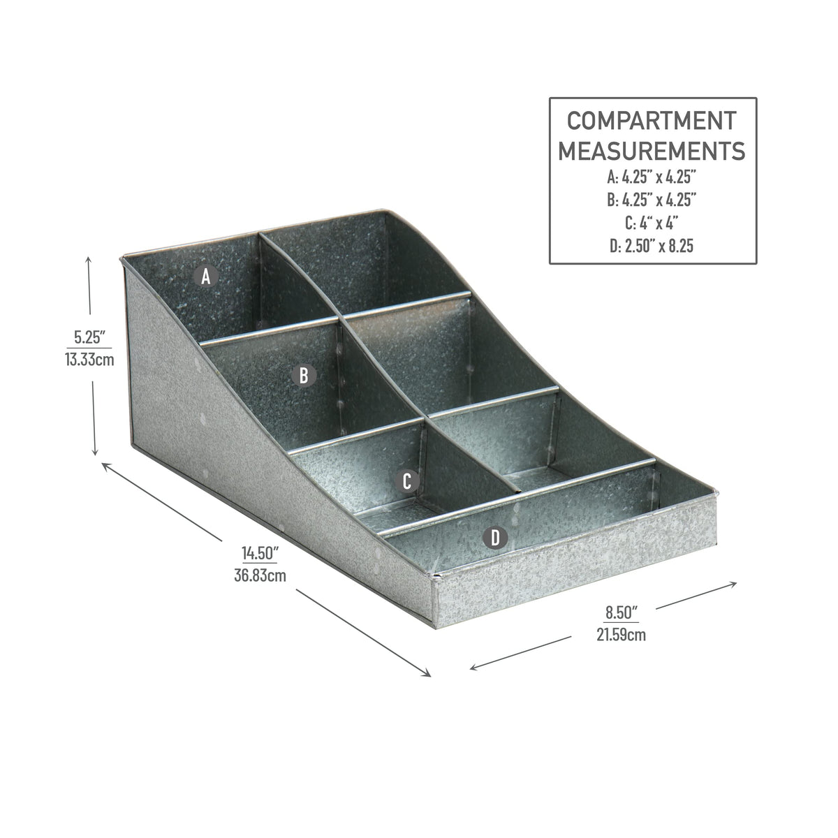 Mind Reader Cup and Condiment Station, Countertop Organizer, Coffee Bar, Galvanized Metal, 8.5"L x 14.5"W x 5.25"H, Silver