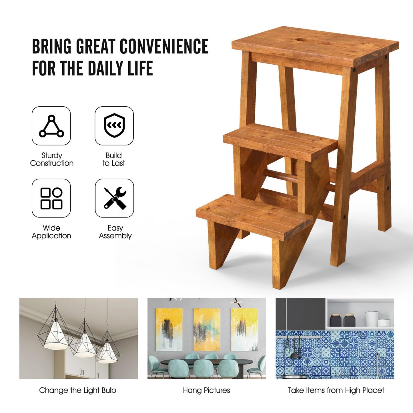 Costzon Folding 3 Step Stool, 3 in 1 Wooden Step Ladder with Handle, Non-Slip Pedal, Multifunctional Storage Shelf, Flower Rack for Kitchen, Library, Garage, Foldable Step Stool for Adults Kids