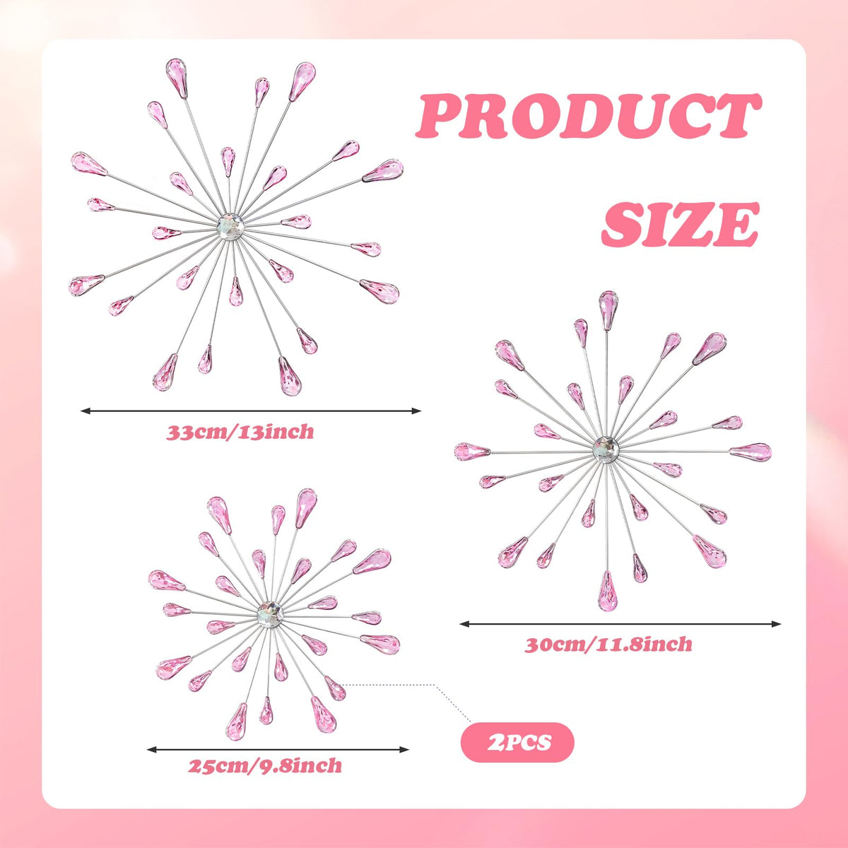 ZEXUIRU 4 Pcs Metal Starburst Art for Wall Decor Living Room Bedroom Dining Room Office - Bling 3D Crystal Rhinestone Sunburst Wall Art -Pink 13in/11.8in/9.8in/9.8in