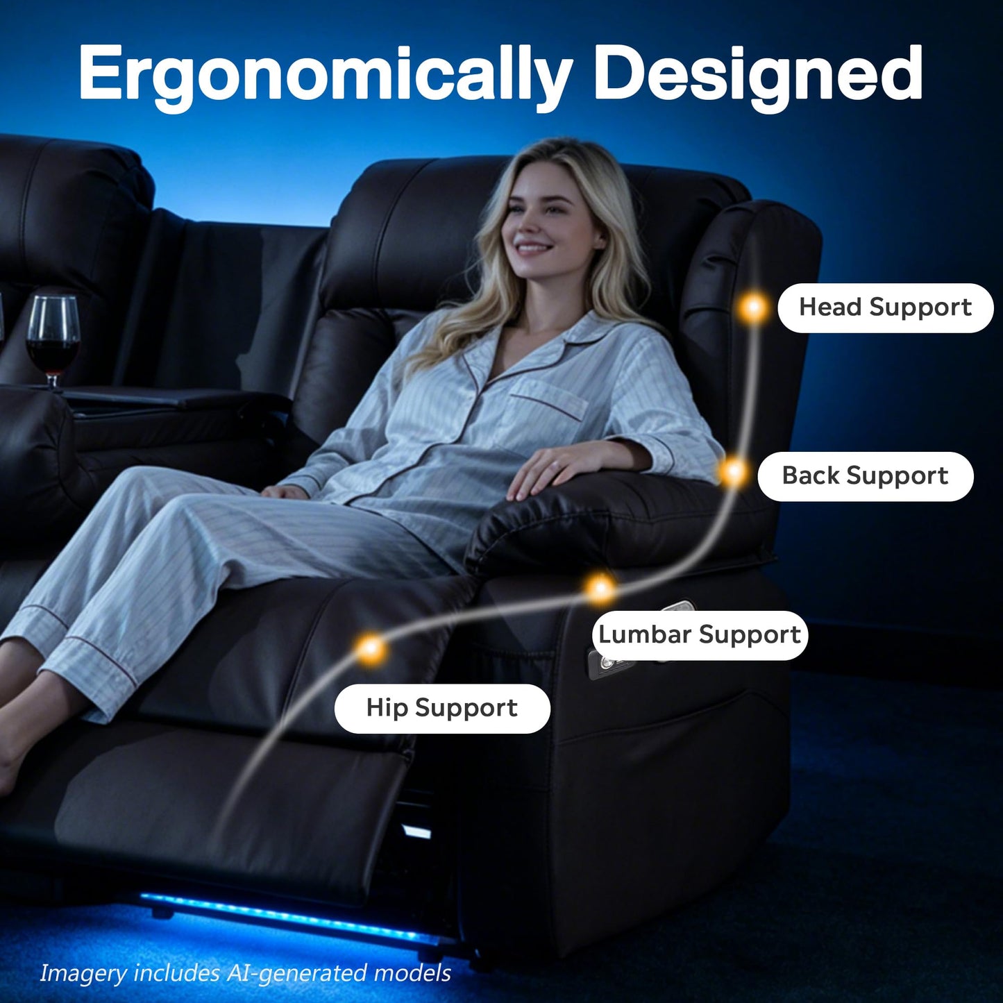 AHMED Loveseat Recliner Sofa with Console, Home Theater Seating with LED Lights, Cup Holders, USB Ports, Side Pockets, 2 Seater Manual Reclining Couch for Living Room, RV, Home Theater, Black