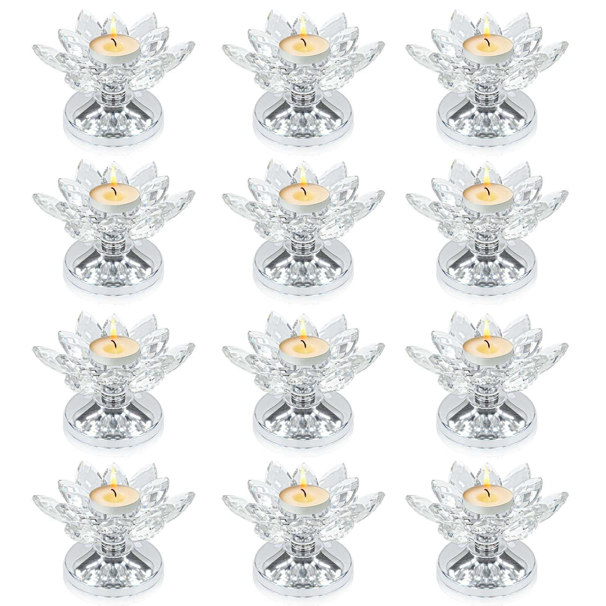 12 PCS Silver Crystal Flower Tea Light Holder, Bulk Glass Tealight Candlestick with Metal Base, Votive Candle for Table Centerpiece, Wedding,Parties Decor, Nice Gift