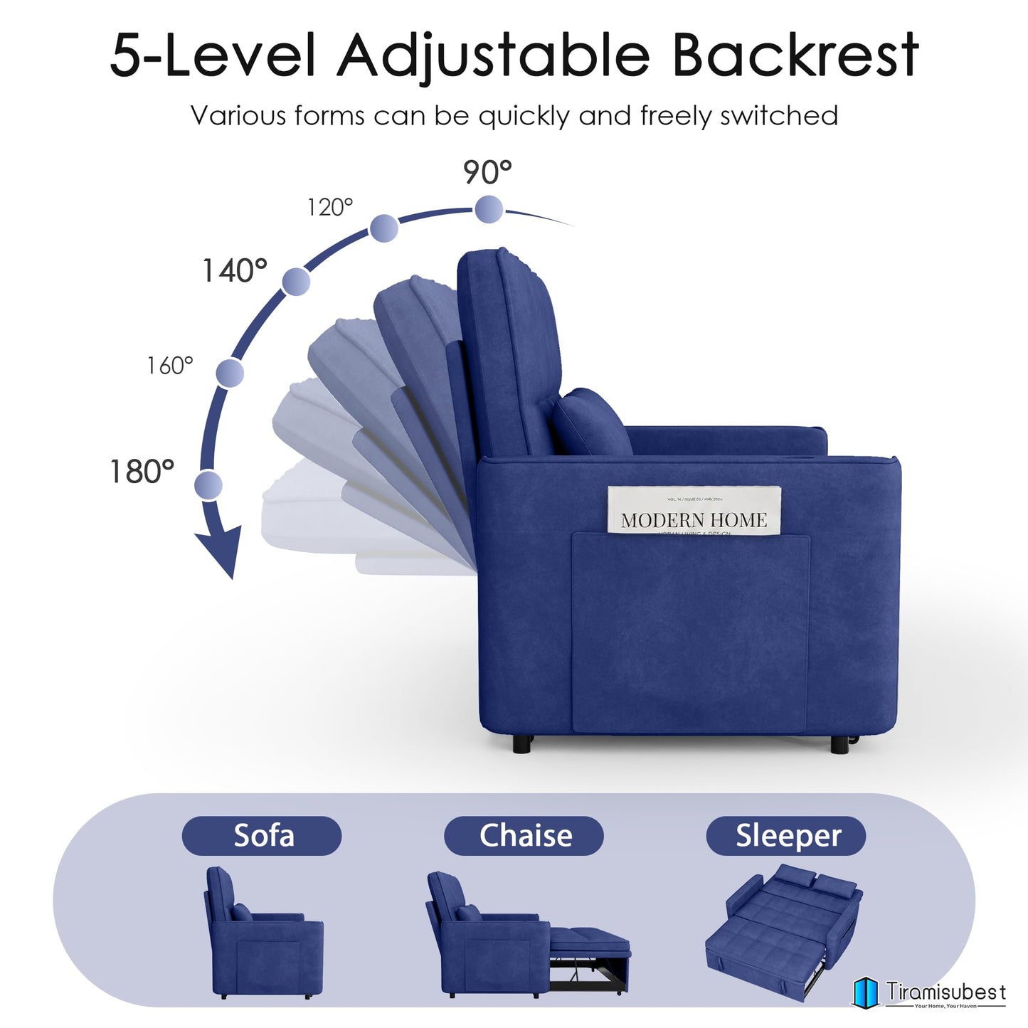 tiramisubest 54'' Sleeper Sofa Bed, Convertible Pull Out Couch Futon for for Living Room,Apartment (Blue, Loveseat) Side Pockets, Velvet Fabric, Adjustable Backrest, Pull-Out Bed, Easy Assembly