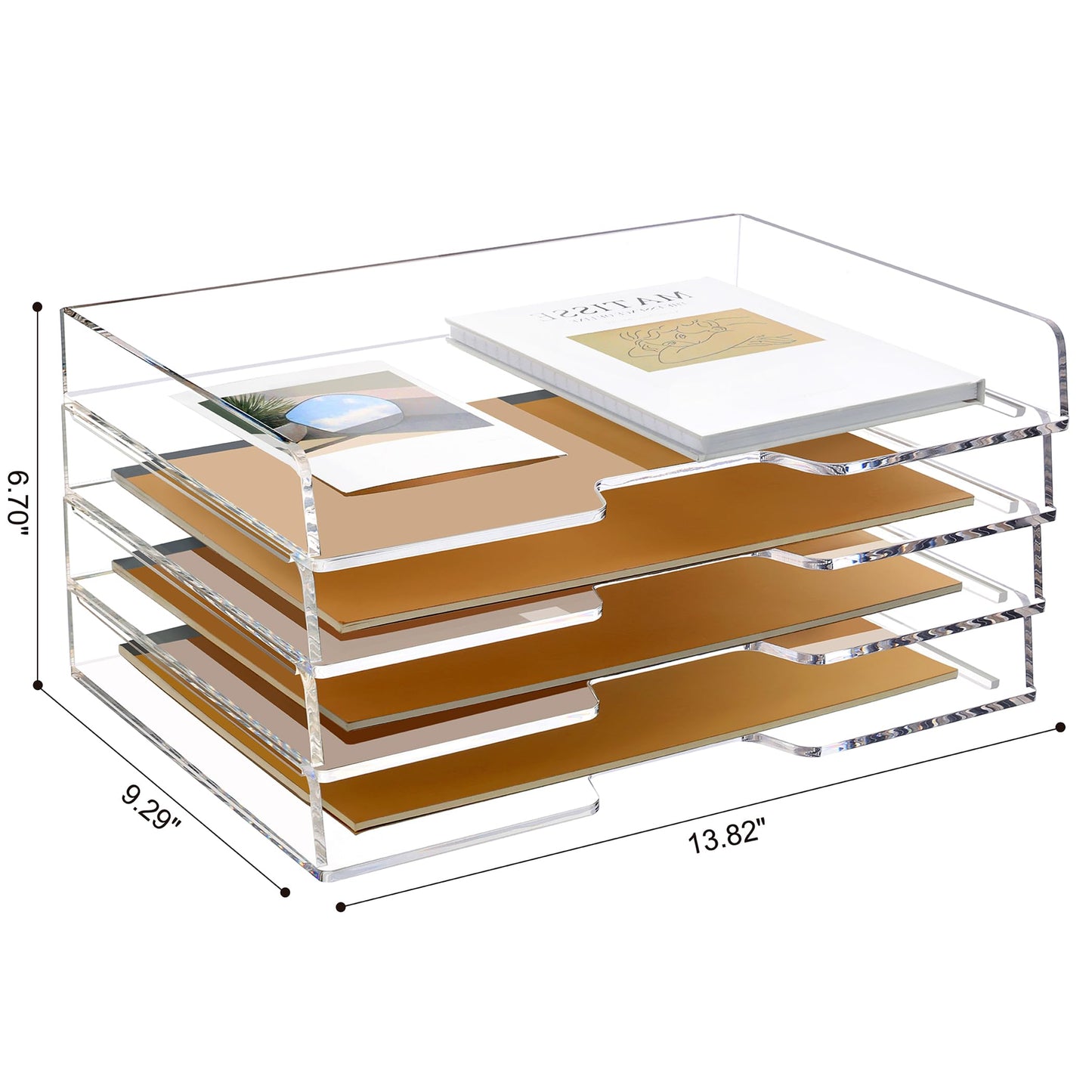 SANRUI Clear Acrylic Paper Tray, 4 Tier Stackable Letter Trays Desk Organizer with Curved Design, Oversized Document File Holder for Home Office Classroom Desktop Storage