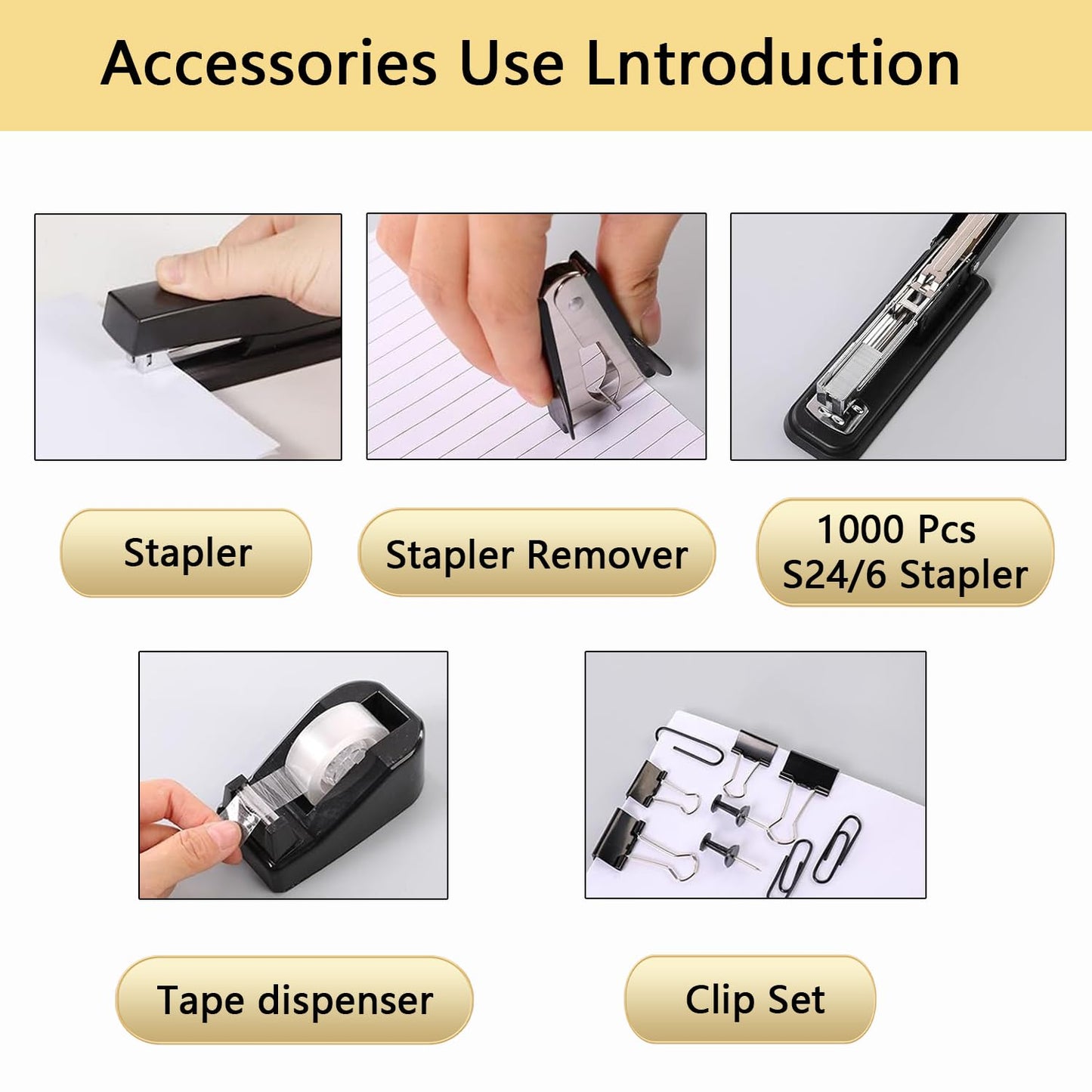 Office Supplies,Black Desk Accessories,Office Supplies Set,Stapler and Tape Dispenser Set,Scissors,Staple Remover,Binder Clips,Staples,Ballpoint Pen,Index Tabs with Ruler,Clear Tape.9pcs for Office