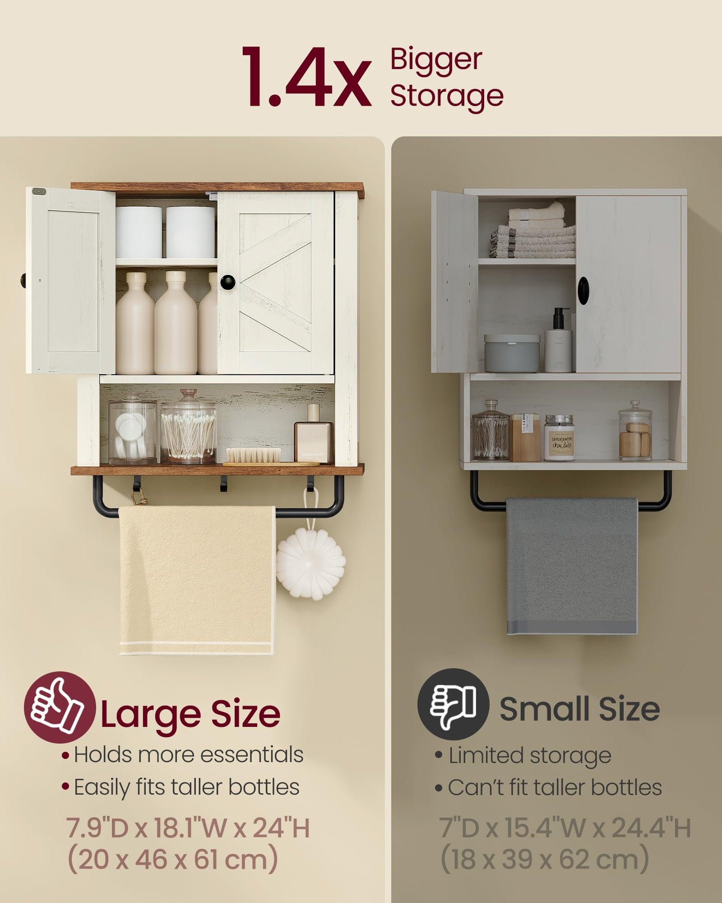 VASAGLE LIRY Collection - Bathroom Wall Cabinet, Farmhouse Wall-Mounted Medicine Storage Cabinet with 2 Barn Doors, Adjustable Shelf, Towel Bar, 7.9 x 18.1 x 24 Inches, Rustic White UBBK132W01S