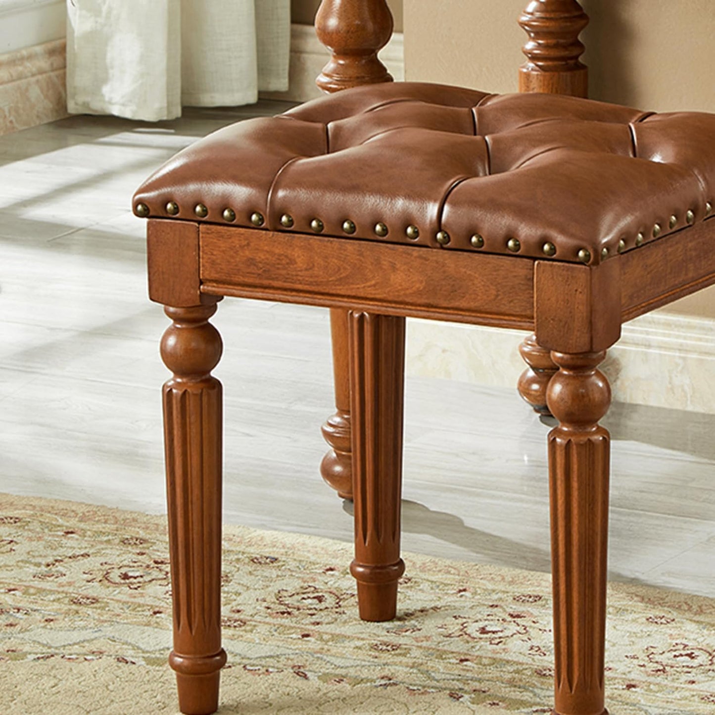 KIVSON Vanity Bench Stool with Microfiber Leather Cushion, Vanity Chair Ottoman Dressing Stool with Solid Wood Legs for Bedroom, Makeup Room, Dressing Room, Easy Assembly (Brown)