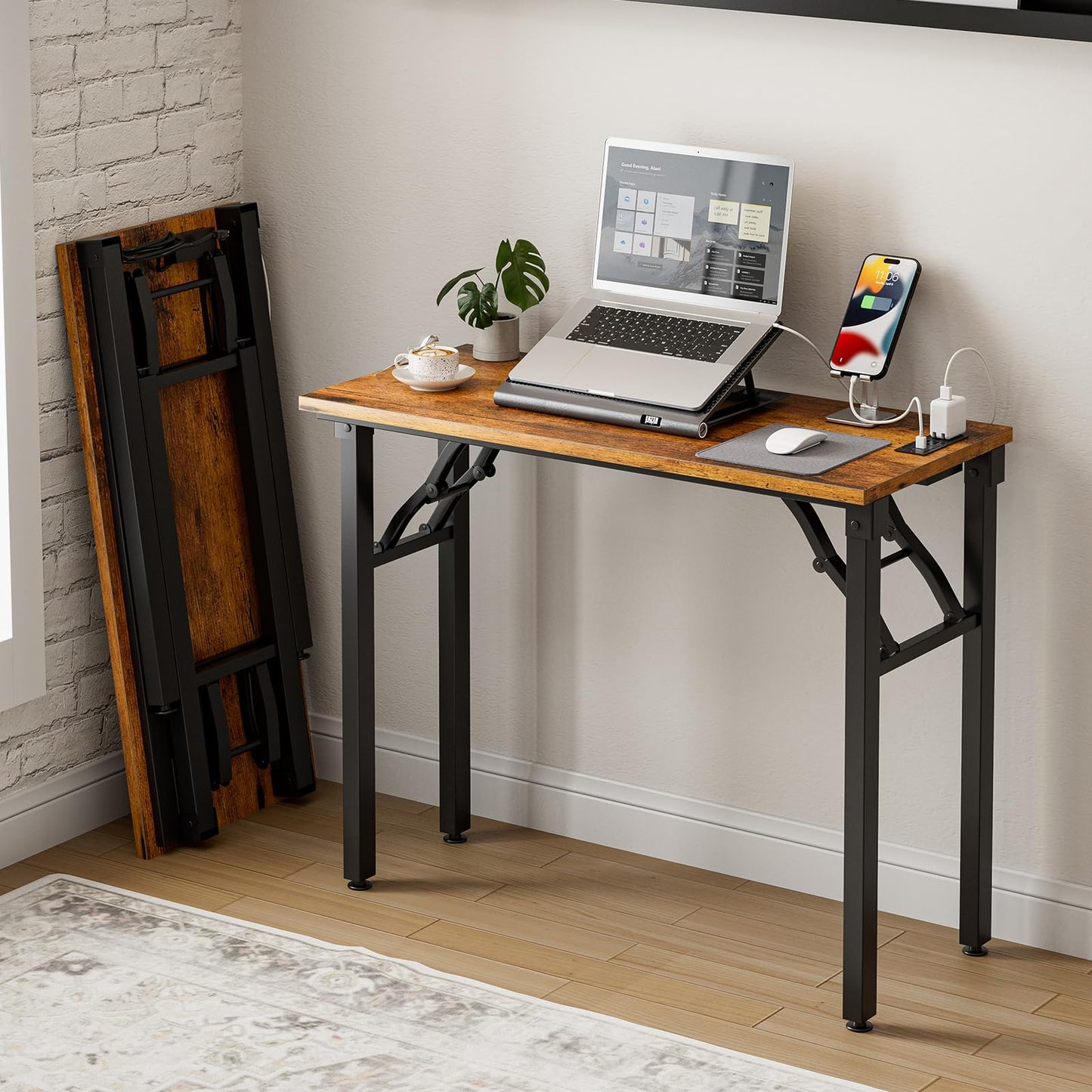 Frylr Small Folding Computer Desk – 35.8 Inch Portable Table for Craft and Study, Lightweight Desk for Small Spaces, Foldable Laptop Table Built-in AC/USB Outlets for Convenience, Rustic Brown