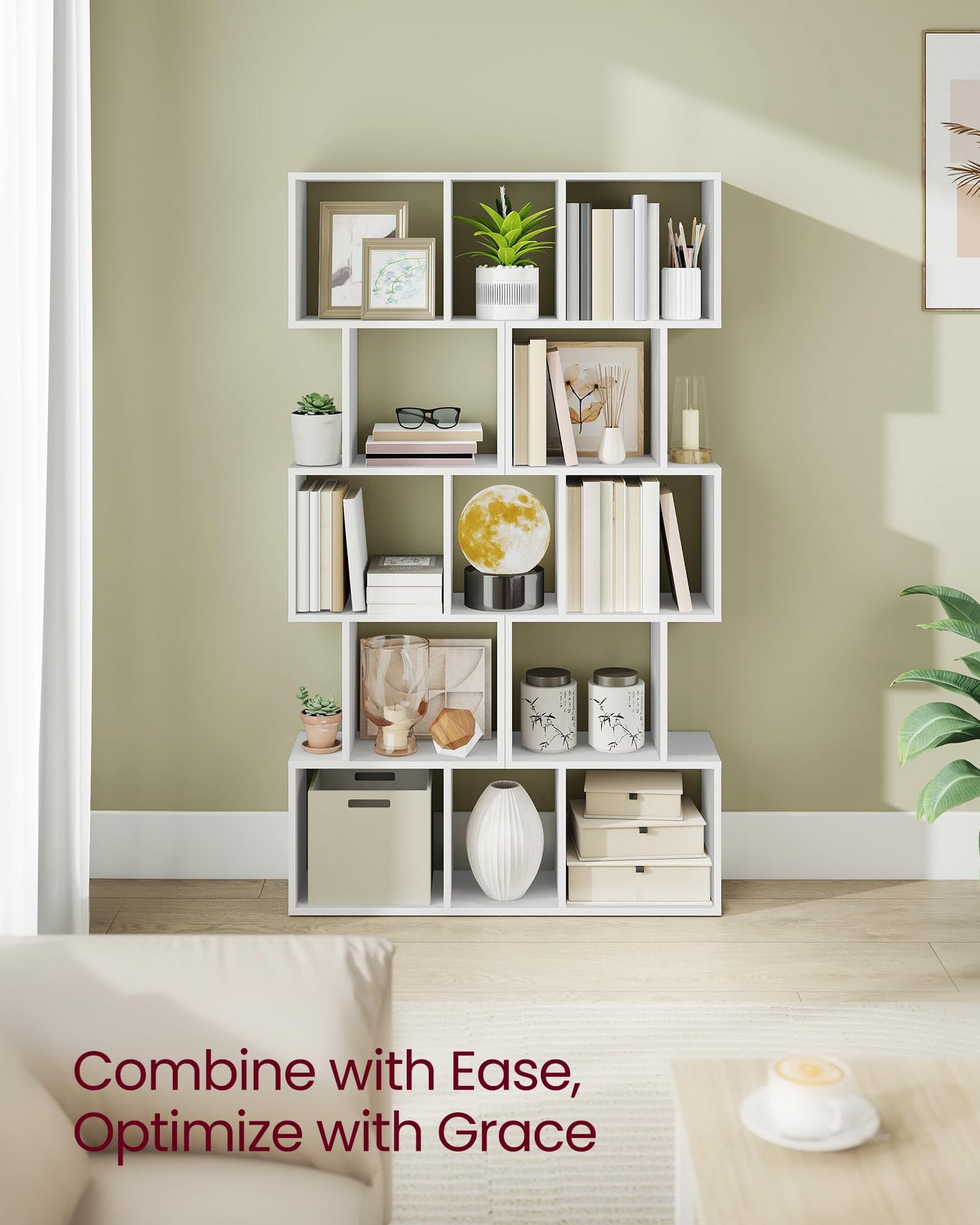 VASAGLE Bookshelf, 5-Tier Bookcase, 9.4 x 15.7 x 62.6 Inches, Storage Shelf with Open Compartments, Modern Style, for Living Room, Bedroom, Office, Matte White ULBC462W01
