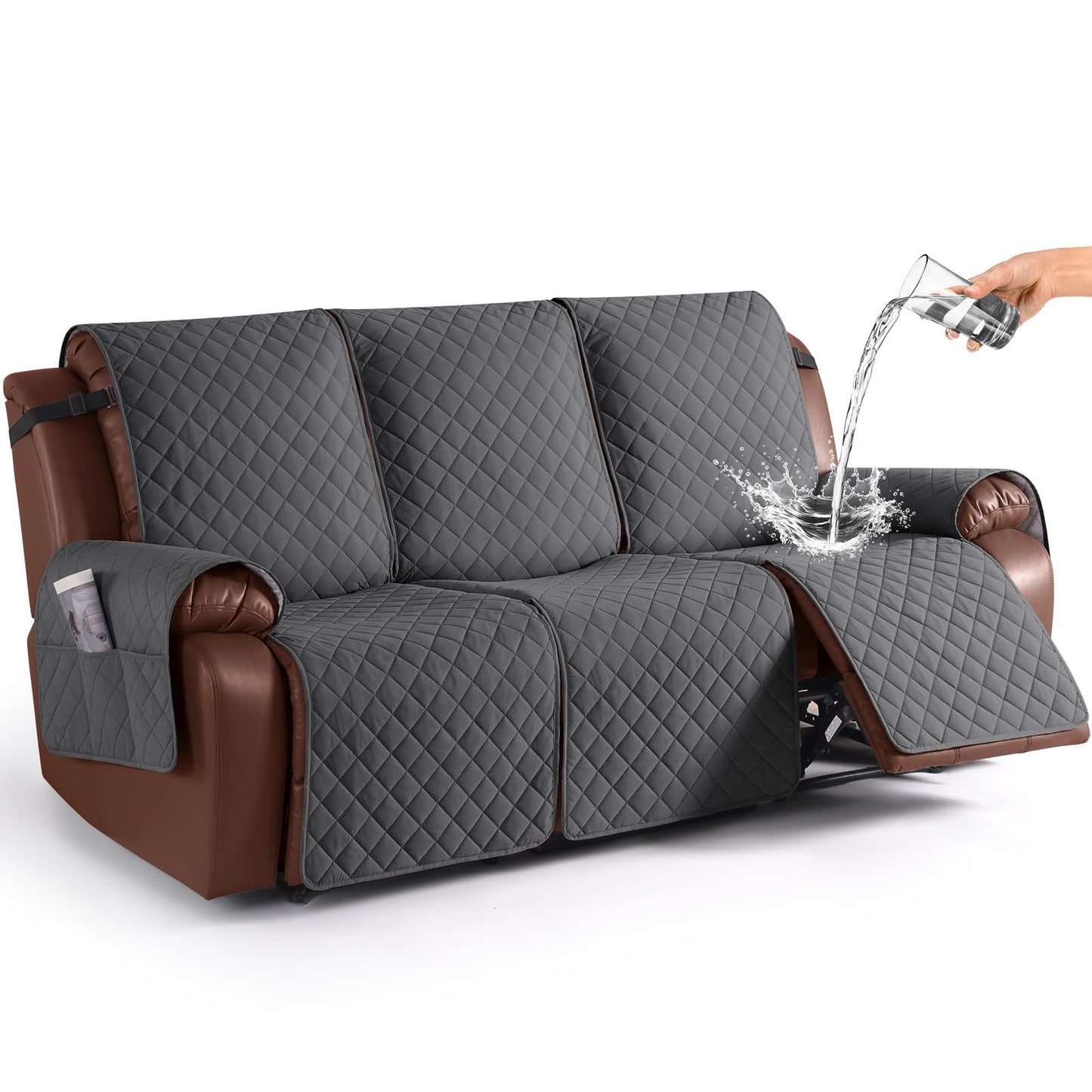 KinCam Waterproof Recliner Sofa Cover, Non-Slip Reclining Couch Covers for 3 Seat, Recliner Couch Cover Furniture Protector with Elastic Straps for Pets, Kids, Charcoal Gray