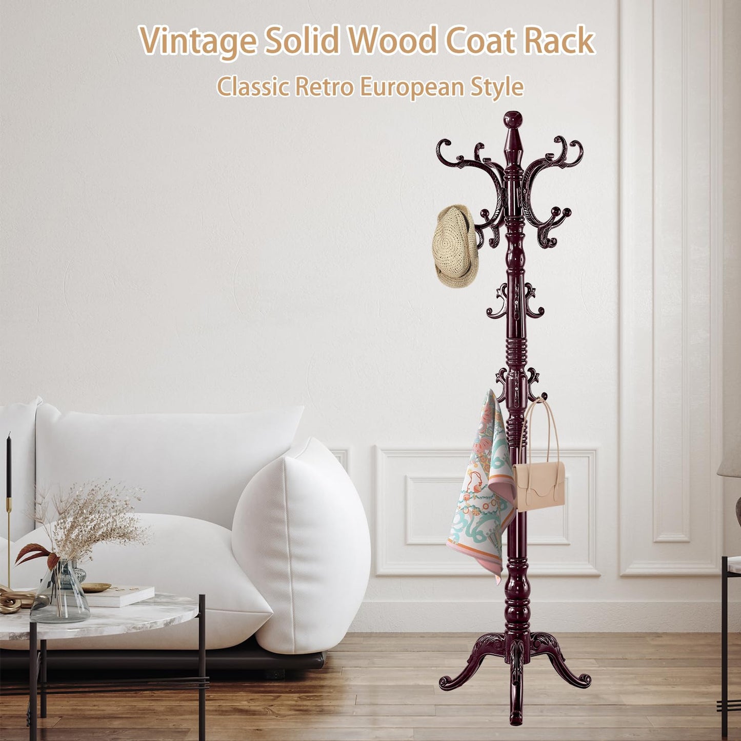 ZOZOE Wooden Classic Coat Rack Stand, Solid Wood Coat Rack Freestanding with 14 Hooks, Vintage Coat Racks with Sturdy Triangle Base, Natural Birch Wood Coat Clothes Tree Stand for Entryway Hallway