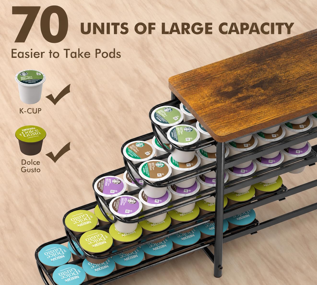 HFHOME Coffee Pod Holder with Wooden Top, Compatible with K-Cups, 5-Tier Coffee Capsule Storage Drawer, 70 Capacity Pods Organizer with 3 Mug Holders, for Home, Office, Kitchen Counter, Black