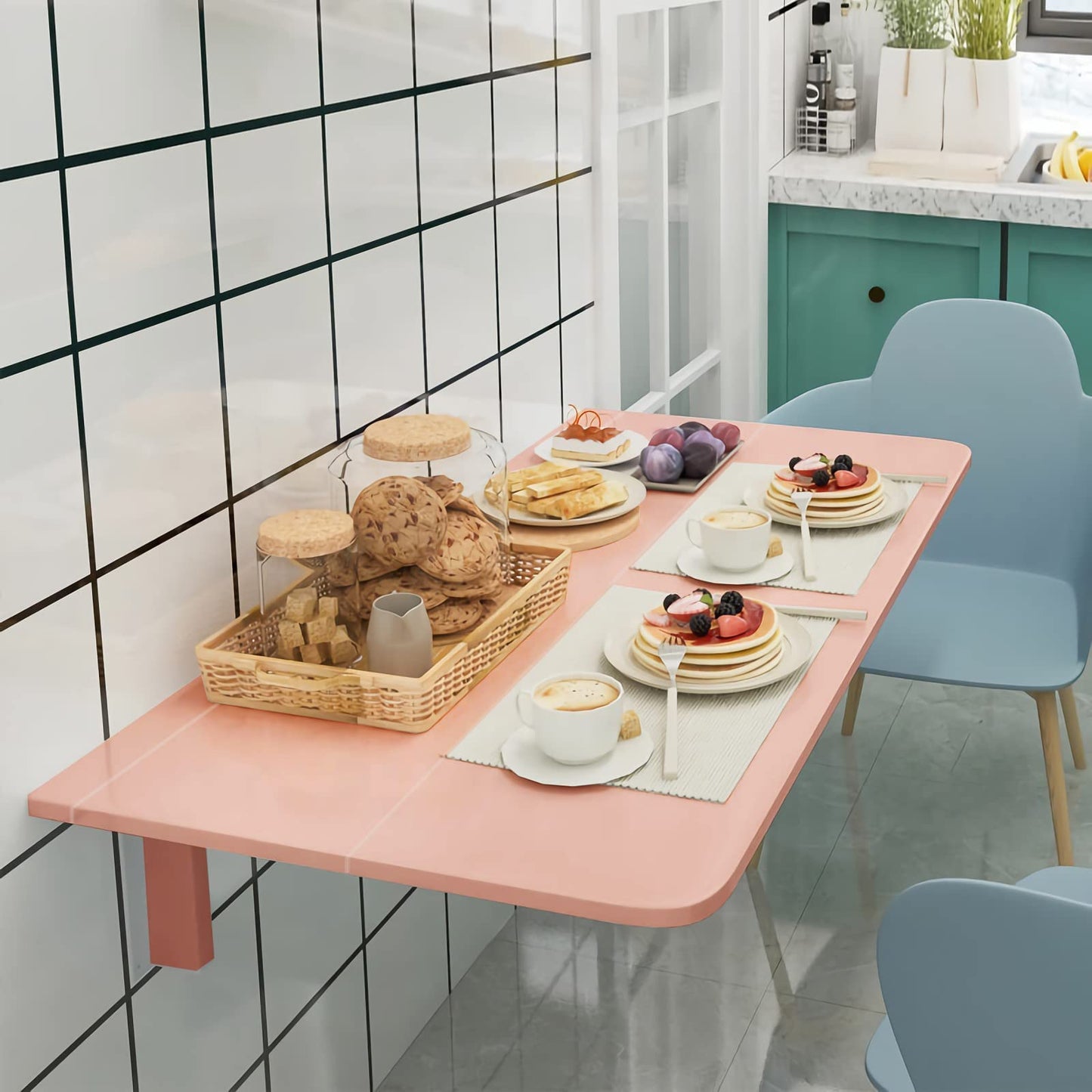 COSTWAY Wall Mounted Folding Table, 31.5" x 23.5" Drop-Leaf Floating Writing Desk for Small Spaces, Space-Saving Fold Down Laptop Workstation for Kitchen, Bedroom, Laundry Room, Study Room (Pink)