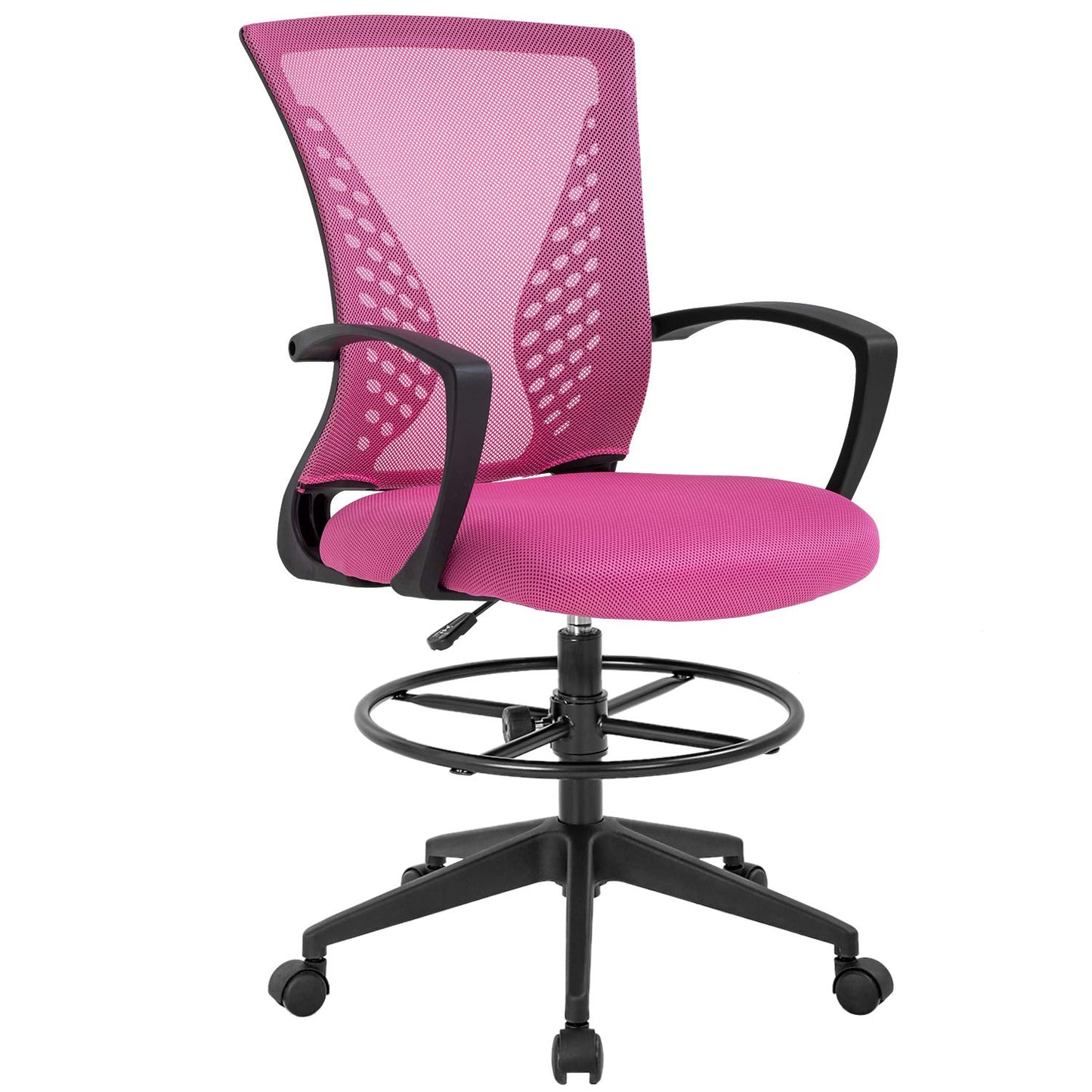 Drafting Chair Tall Office Chair Standing Desk Chair Adjustable Height with Arms Foot Rest Back Support Rolling Swivel Desk Chair Mesh Drafting Stool for Adults