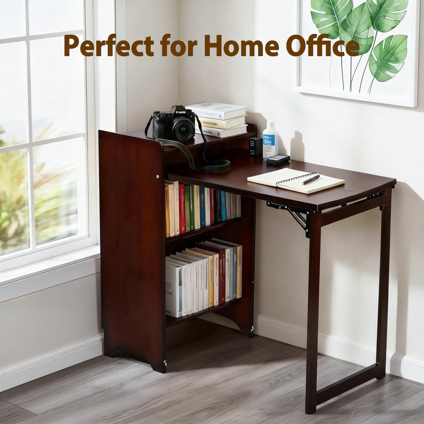 METALBEE Bamboo Folding Desk with Storage, Mid Century Fold Out Table, Space Saving Foldable Desk for Small Spaces, Multi-Functional Computer Desk for Home Office, Bedroom, Apartment & Dorm