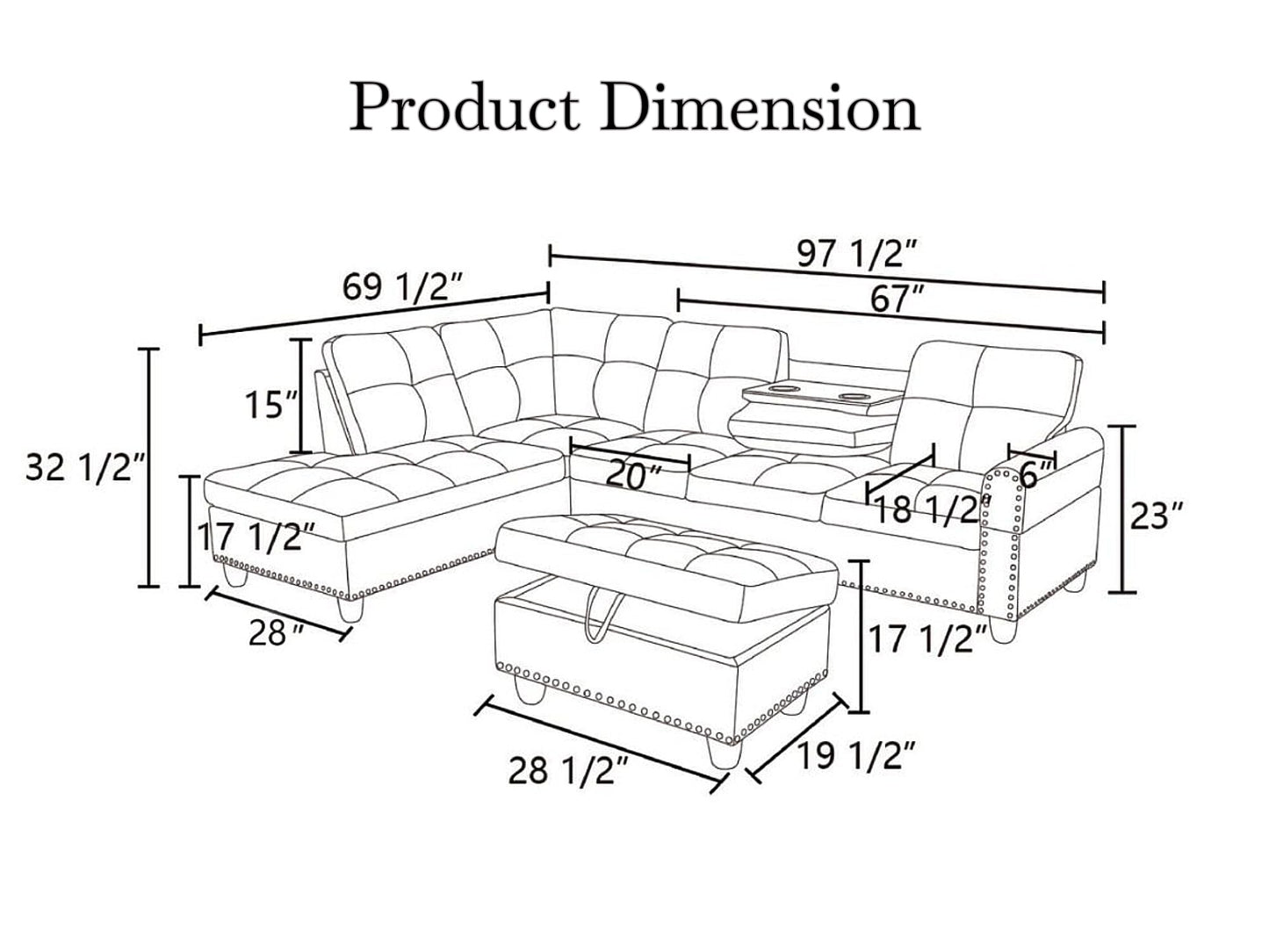 Trygoal 97.5" Linen L Shaped Couch with Left Chaise & Cup Holder, Sectional Sofas Modular Furniture Set with Storage Ottoman, Convertible Couches for Living Room, Small Space & Office (Black)