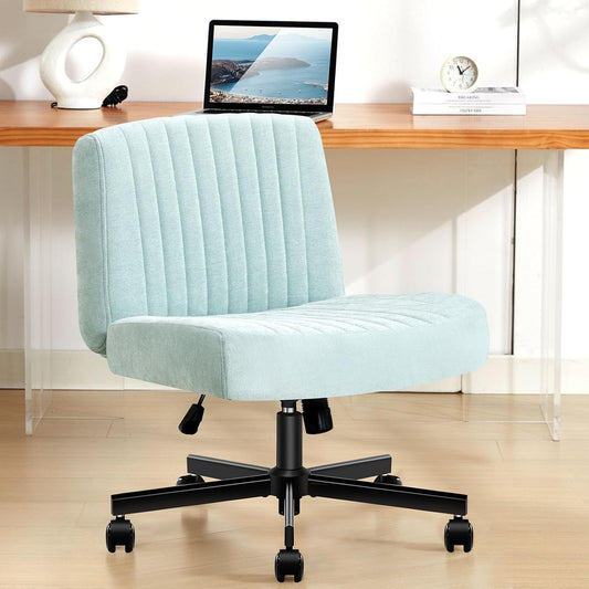 TUKAKA Criss Cross Chair with Wheels,Thick Padded Fabric Cross Legged Office Desk Chair with Pocket Springs Cushion,Dual-Purpose Base,Wide Adjustable Computer Home Office Vanity Chair,Mint Green