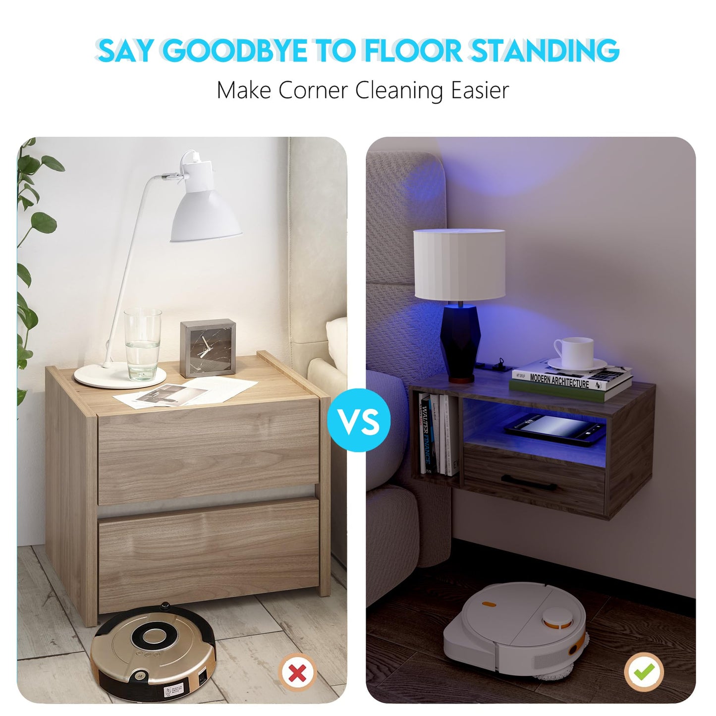 Bloddream Floating Nightstand with Charging Station and LED Light Strips, 21.3" Night Stand with Drawers, Floating Bedside with USB Ports and Outlets, Bedroom Furniture