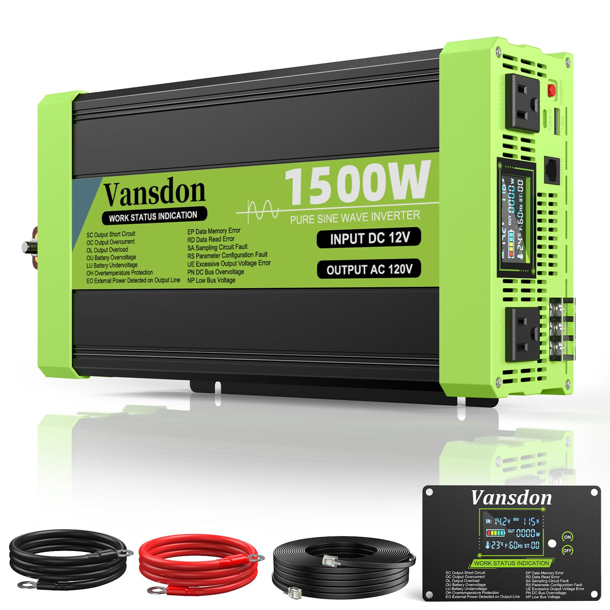 Vansdon 3000W Pure Sine Wave Inverter 12V DC to 120V AC Power Inverters for RV,Truck, Solar, Home, Off-Grid, Car with LCD Display, 3 AC Outlet, 30W USB-C, 5V 2.1A USB,Remote Control, Surge 6000W