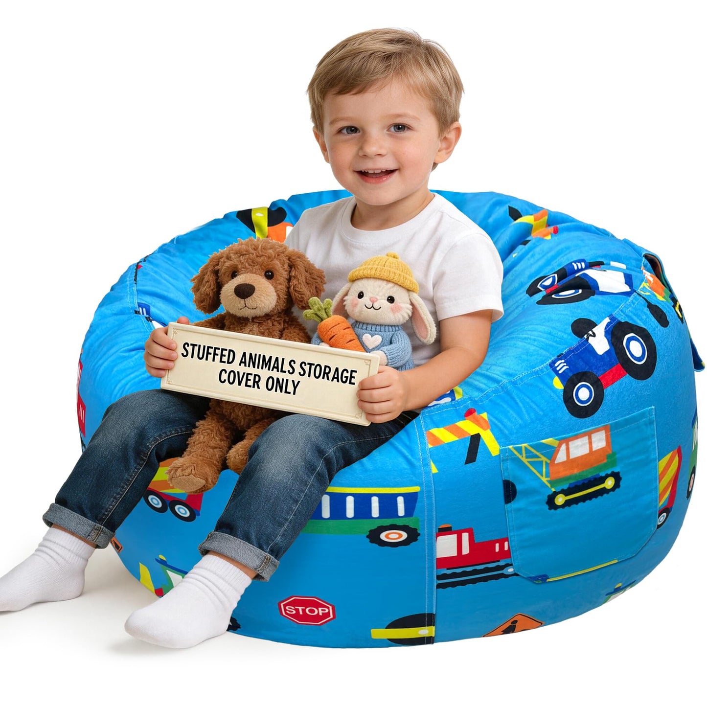Lukeight Construction Stuffed Animals Storage Bean Bag Chair Cover for Kids, Cozy Velvet Plush Toy Organizer Seat, Cover Only, No Filling Included, Long YKK Zipper, Side Pocket, Large 27 x 16 in