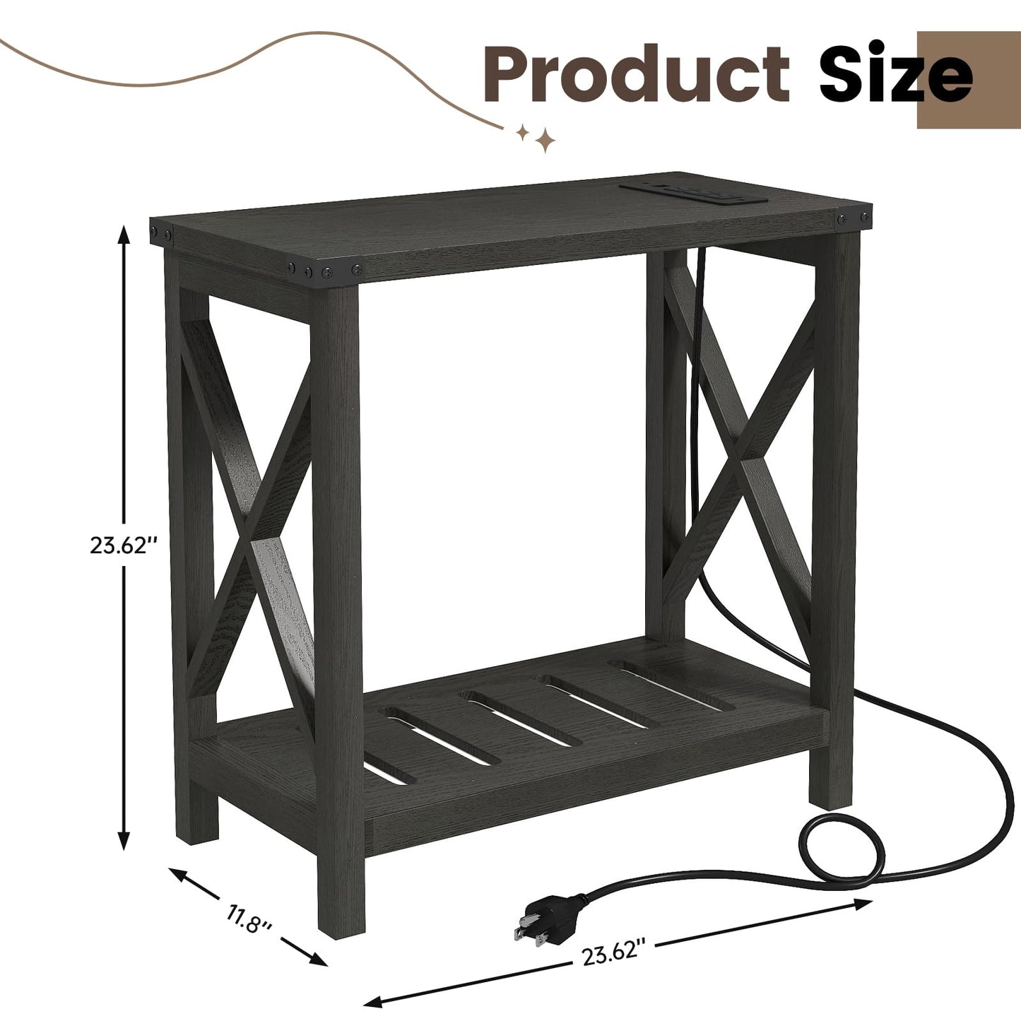 Hadulcet Farmhouse Side Table with Charging Station - Narrow Bedside Table for Small Space, Slim End Table, Rustic X-Design Nightstand for Living Room, Bedroom, Classic Black