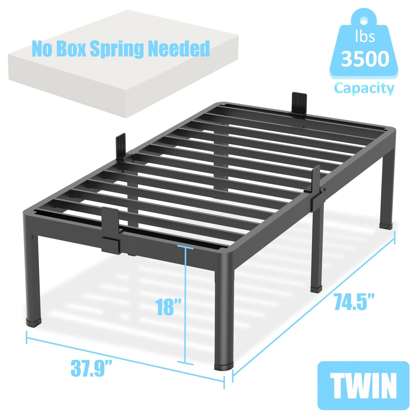 FUIOBYVV Twin Bed Frames with Round Corner Edge Legs 18 inch High 3500 lbs Heavy Duty Metal Platform Bed Frame Twin Size No Box Spring Needed/Non-Slip/Steel Slat Support/Noise Free