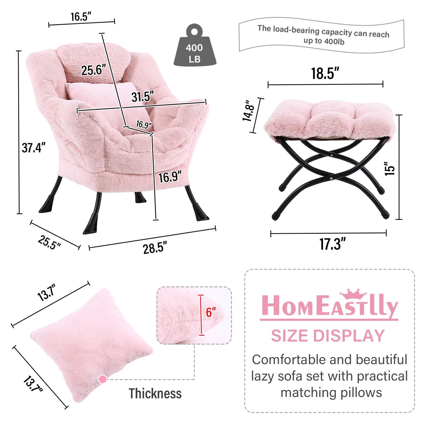HomEastlly Lazy Chair with Ottoman, Large Pink Accent Chair with Ottoman and FA Throw Pillow, Comfy Plush Reading Chair for Living Room Bedroom Dorm Room Office Apartment Relaxing Use
