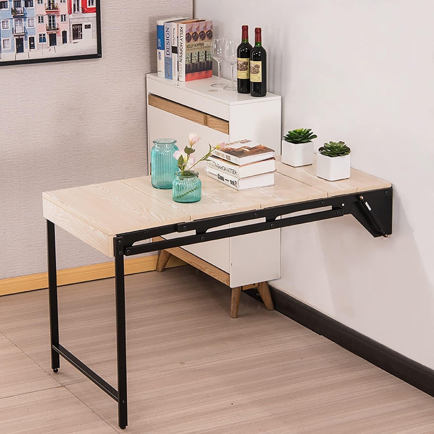 GJZDPMY Space-Saving Wall-Mounted Drop-Leaf Dining Table, Multifunctional Murphy Folding Workbench & Desk, Stylish Storage Solution for Small Spaces