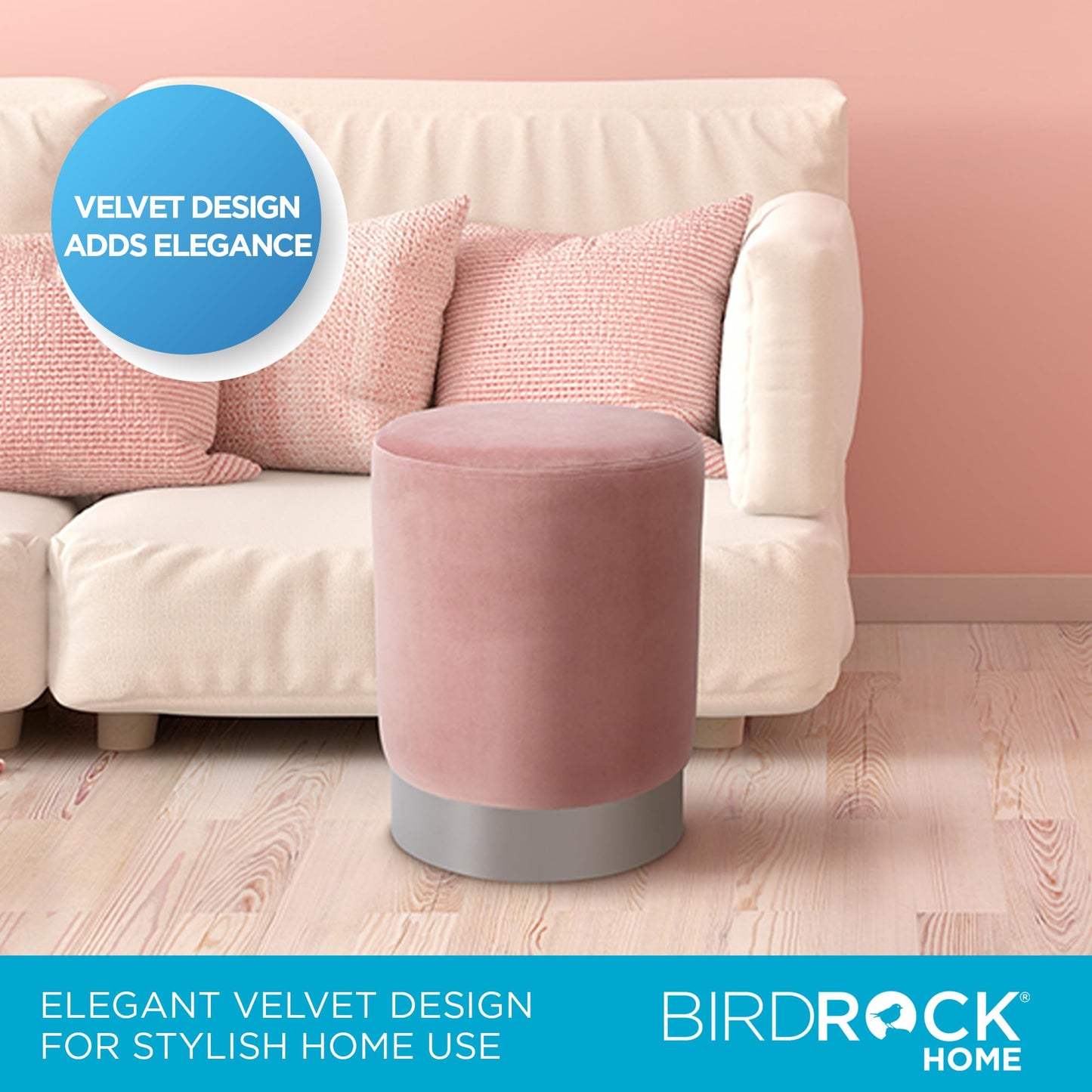 BIRDROCK HOME Round Ottoman Foot Stool – Modern Soft Padded Velvet Vanity Chair with Silver Metal Trim – Accent Chair or Foot Rest for Living Room, Bedroom, or Dressing Room (Dusty Rose)