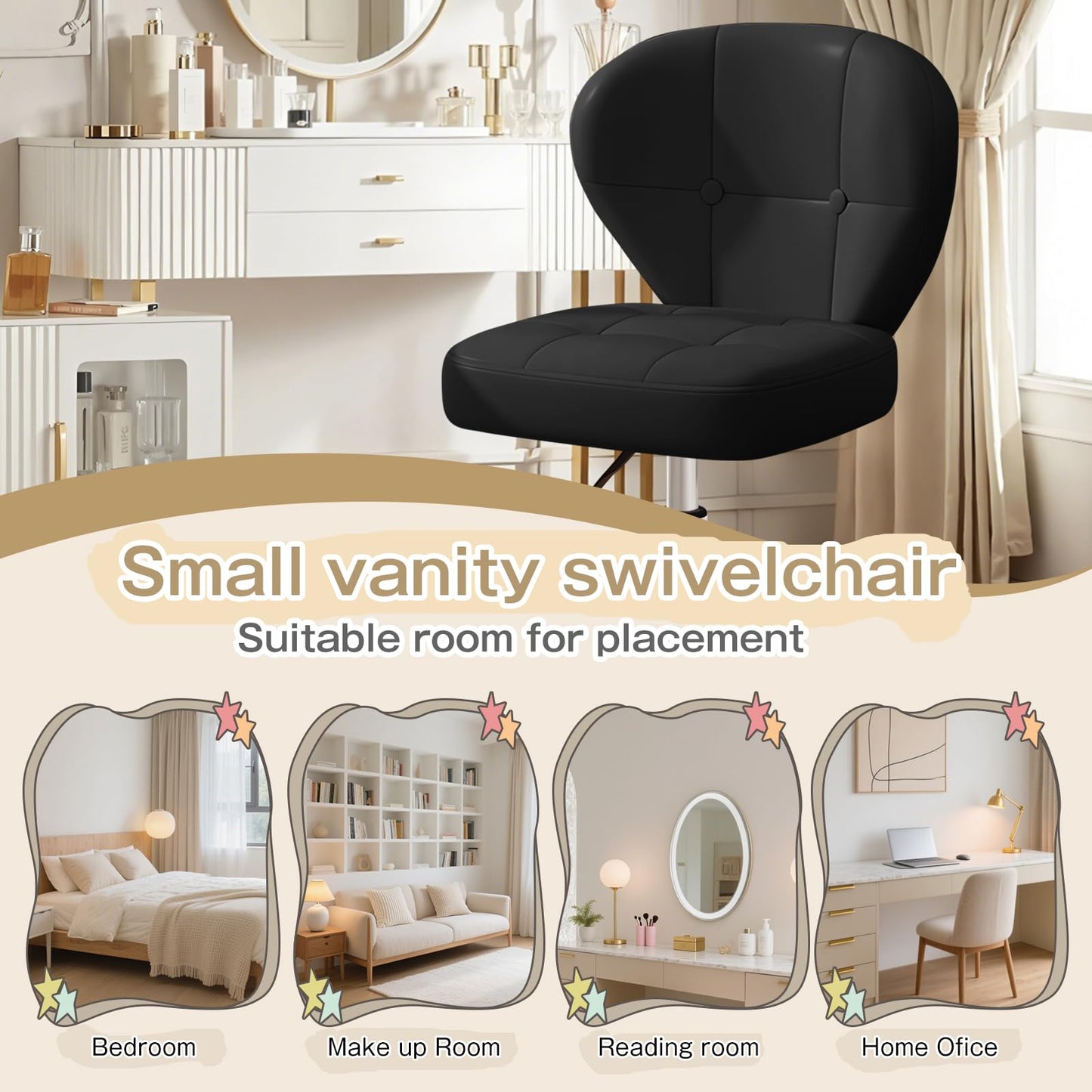 Walktory Vanity Chair with Back – Small Armless Office Chair with Wheels, Lumbar Support, PU Leather, Adjustable Height, 360° Swivel for Home, Bedroom, Office Black Set of 1