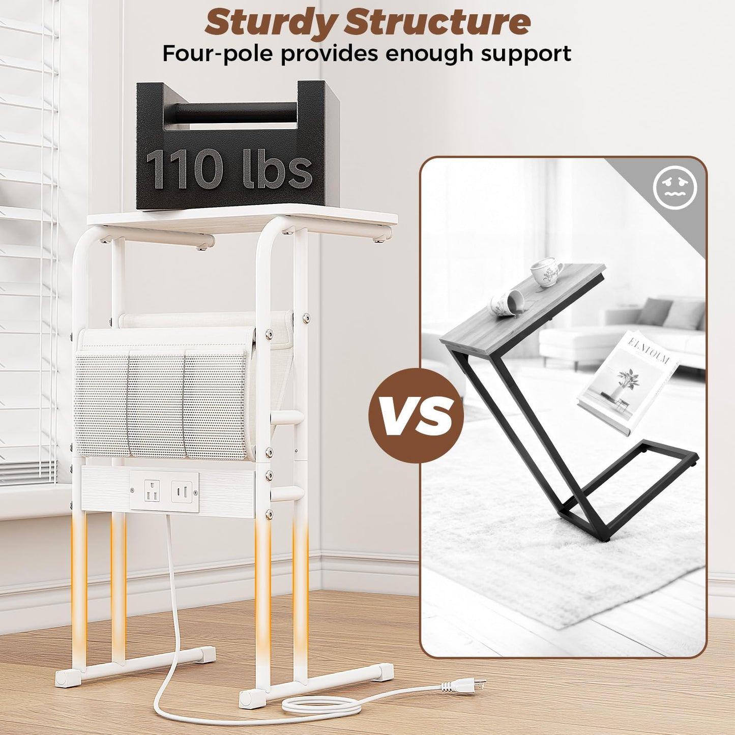 Olldide C-Shaped End Table with Charging Station and Storage Bag, Slide Under Couch Sofa Side Table, Metal Frame for Living Room, Bedroom, Small Space (White)