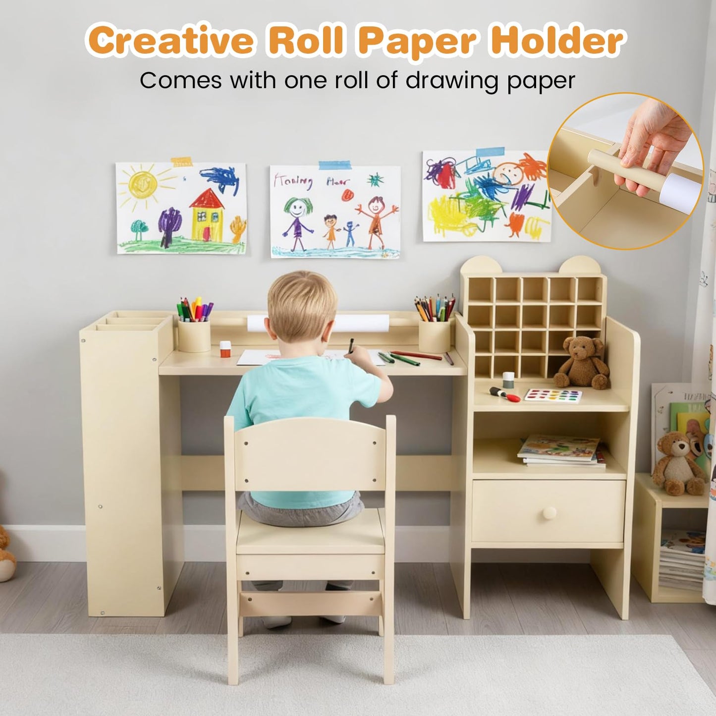 INFANS Kids Study Desk and Chair Set, Wooden Learning Table with Storage Hutch, Drawer, Paper Roll, Round MDF Student Furniture for Writing, Drawing, Ages 3+