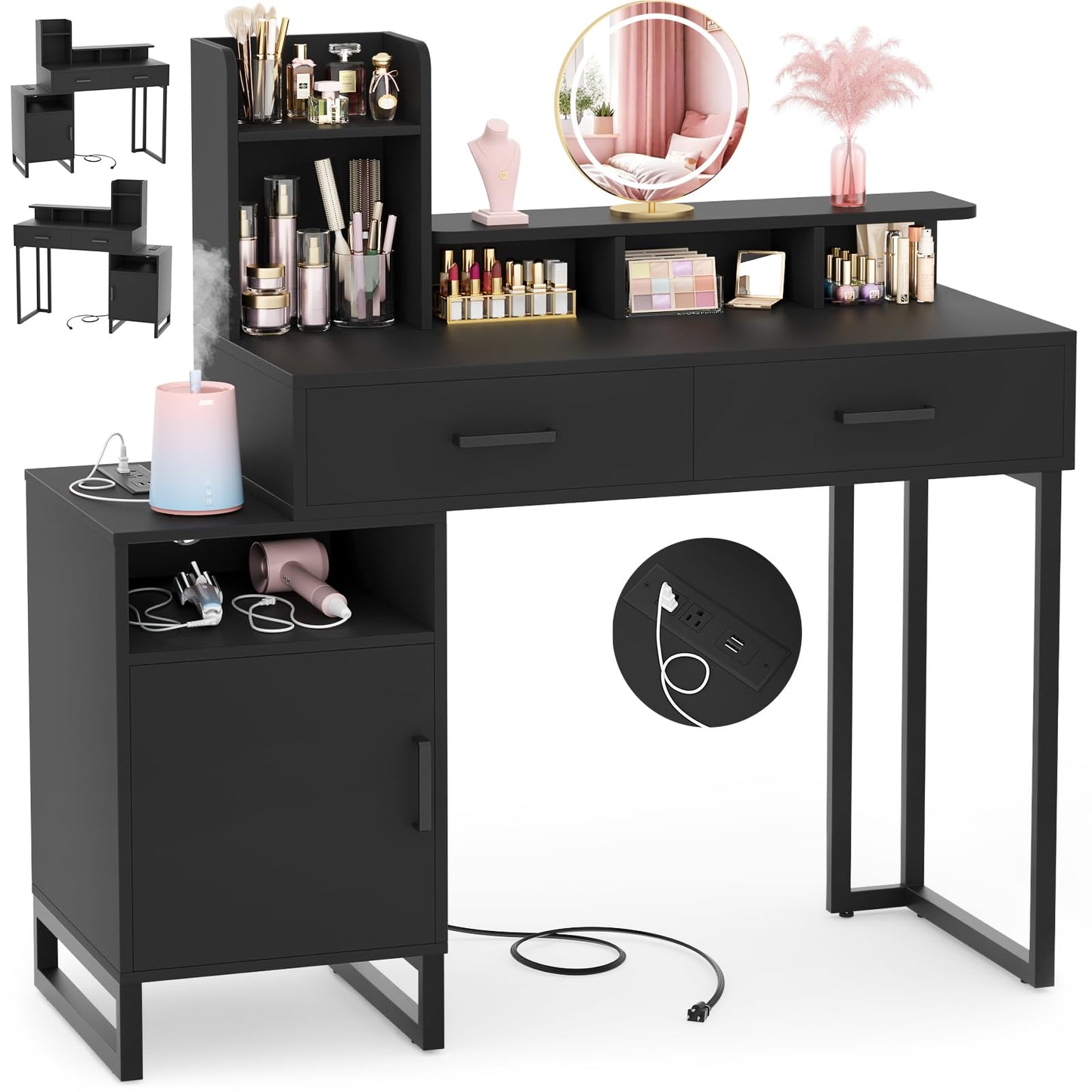 Besiost Vanity Desk, Small Vanity Desk with Power Outlet, Makeup Desk with Drawers and Cabinets, Vanity Set with Storage Shelves for Bedroom, No Mirror, Black