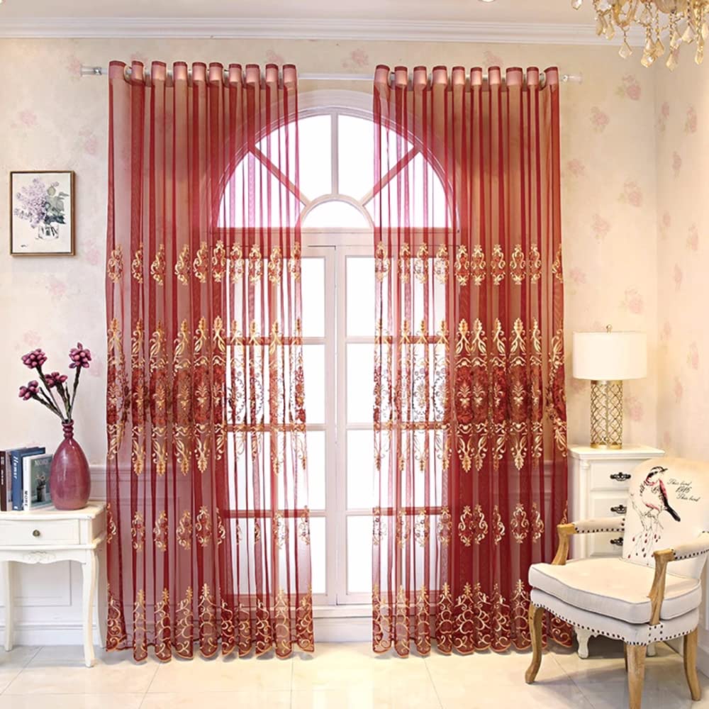Amidoudou 1 Pair European Jacquard Sheer Curtains for Living Room Bedroom Luxury Embroidered Tulle Curtains (Red,52x90 Inch)