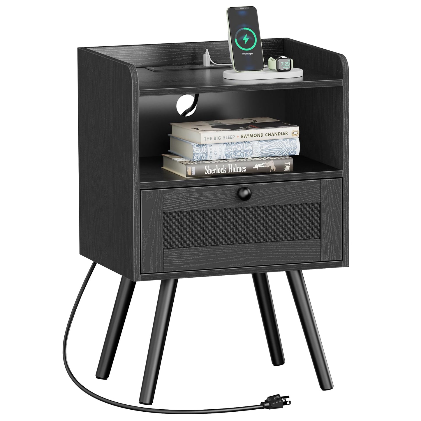 SUPERJARE Nightstand with Charging Station, Bedside Table with Texilene Surface Drawers, Rattan Side Table with Storage & Solid Wood Feet, End Table for Bedroom, All Black