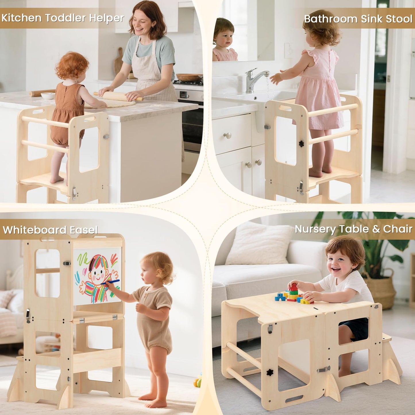 4-in-1 Toddler Kitchen Step Stool, Foldable Learning Standing Tower with Whiteboard, Wooden Kitchen Stool Helper for Kids, 1-3 Year Old Boy Girl Gifts