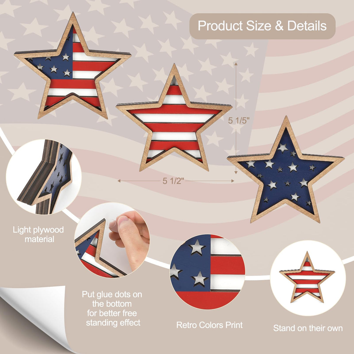 COCHIE 4th of July Decorations Wooden Stars, Patriotic Memorial Day Star Tiered Tray Decor Set of 3, Fourth of July Red White Blue Decoration for Home Office Table Shelf (Flag Hollow)