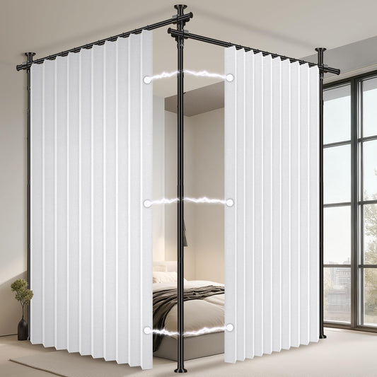 100% Blackout Room Divider Curtains Sets White 2 Panels W100 x L84in No Drill Curtain Rods(H) 43-120×(W) 35-200 in for Studio Apartment Dorm Office