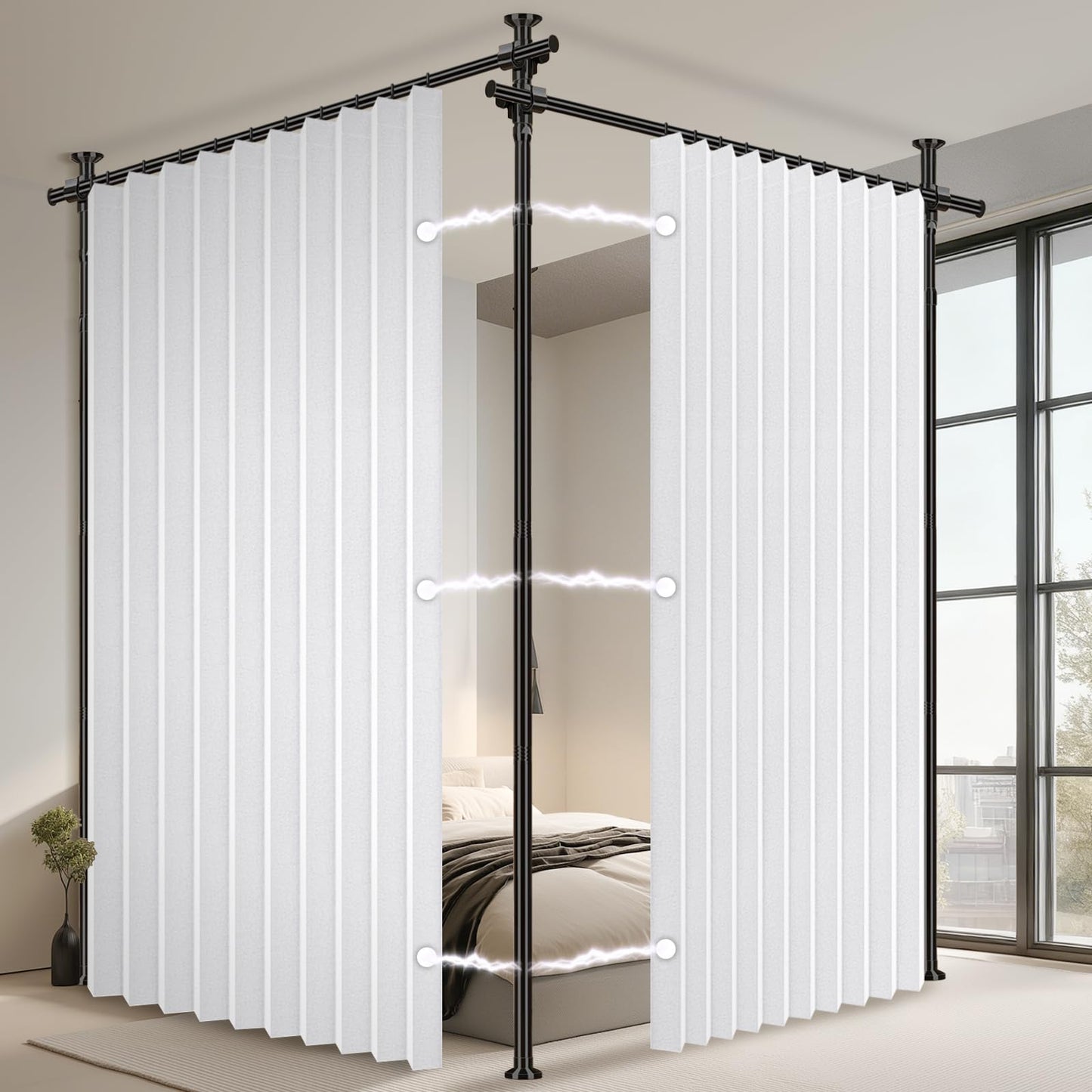 100% Blackout Room Divider Curtains Sets White W100 x L96 in 2 Panels No Drill Curtain Rods(H) 43-120×(W) 35-200 in for Bedroom Privacy Partition Separator