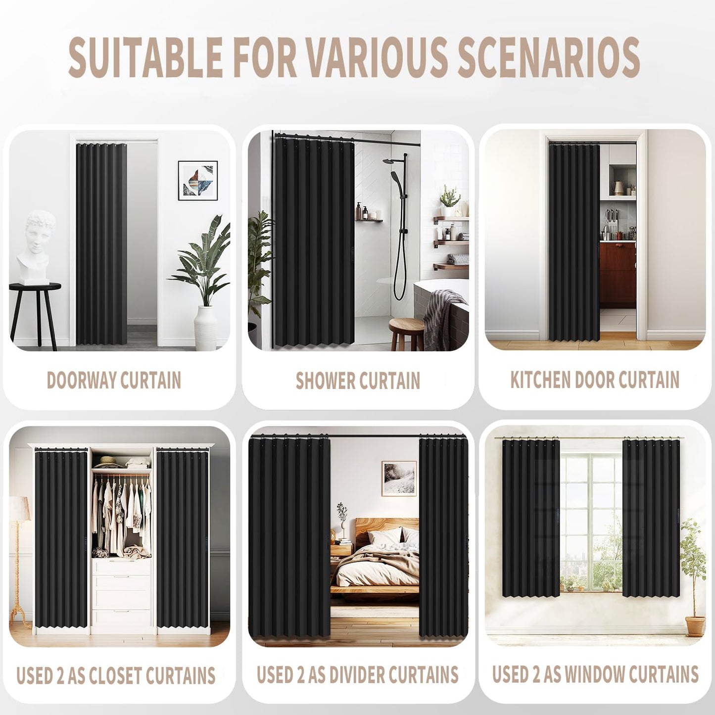 Vatge Closet Door Curtain Room Divider Drapes, Pleated Folding Style Curtains for Doorways Curtain for Bedroom Without Door,1 Panel with Tieback, W39 x L78, Black