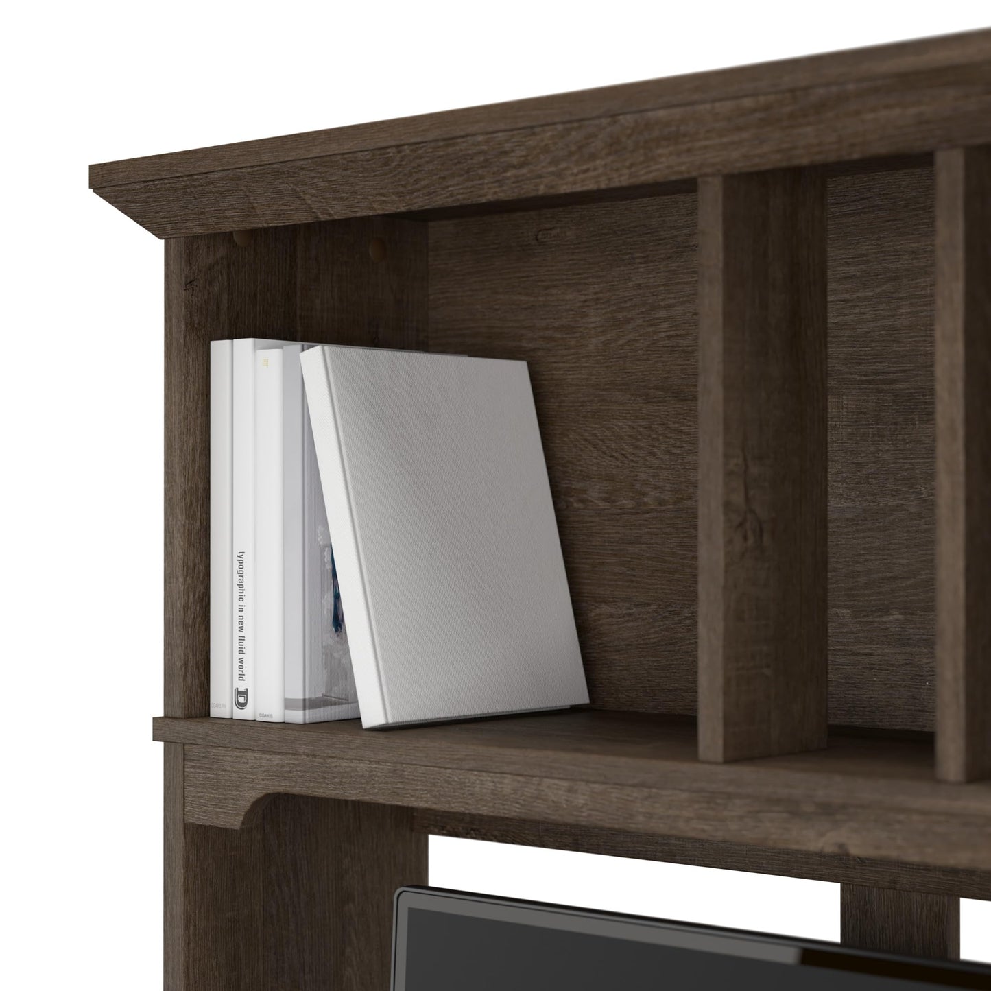 Bush Furniture Salinas L Shaped Desk with Hutch in Ash Brown, Corner Table with Drawers and Storage for Home Office