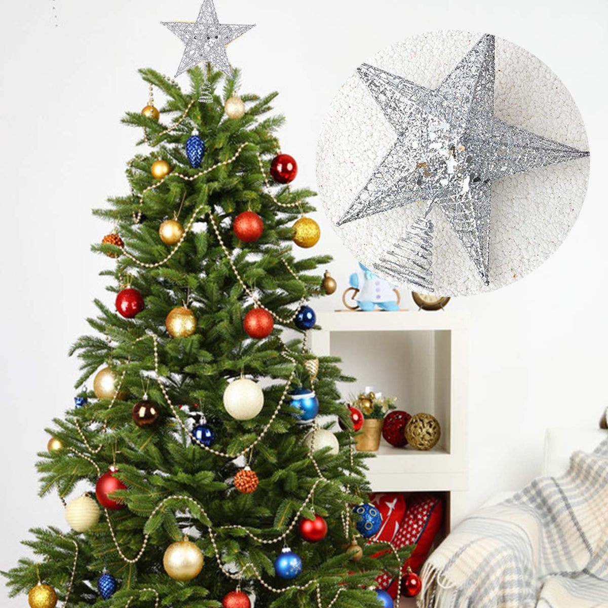 Acronde 10” Christmas Tree Topper Star Christmas Tree Decoration Indoor Party Home Decoration (Silver)
