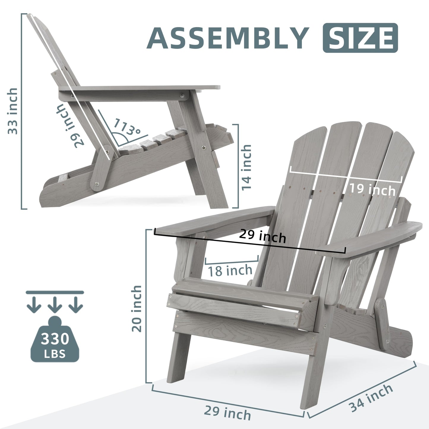 Wood-Natrl Oversized Wooden Folding Adirondack Chair with Pre-Assembled Backrest and Seat Board, Lounge Chair for Outdoor Patio Garden Lawn Backyard Firepit Deck Pool Beach (Gray)