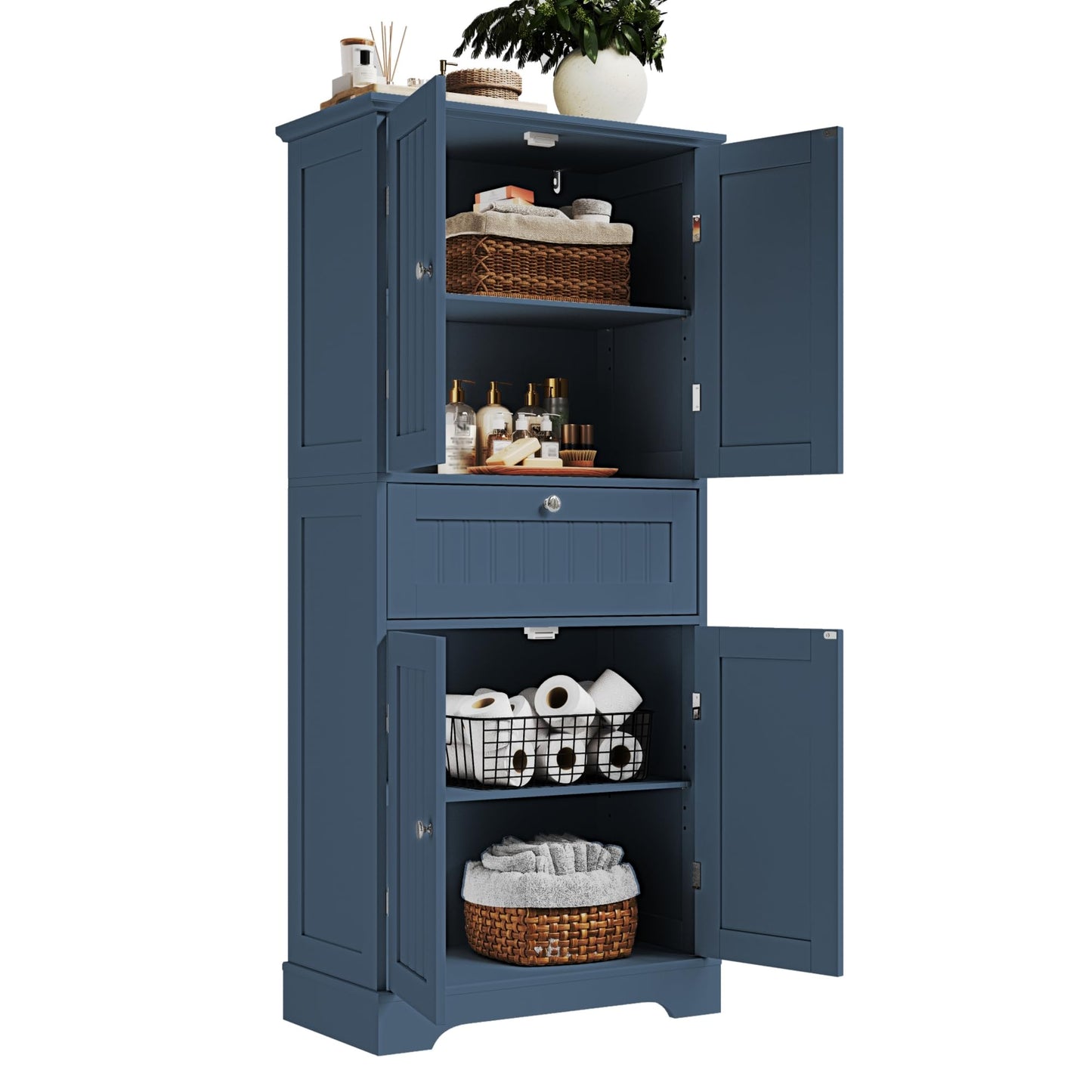 ChooChoo 51" H Tall Bathroom Floor Cabinet, Modern Bathroom Storage Cabinet with Drawer and Adjustable Shelves, Freestanding Kitchen Pantry Cupboard with 4 Doors for Living Room, Blue