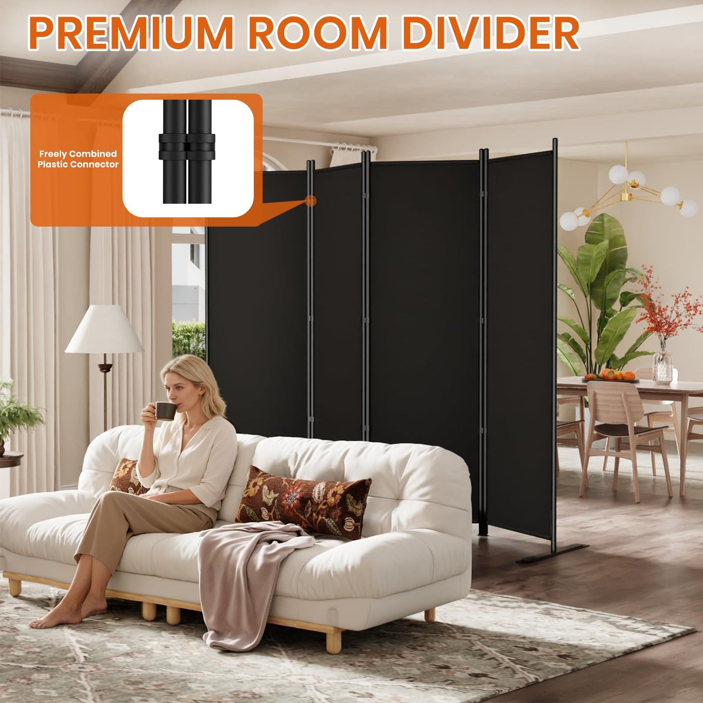 SUNALLY Room Divider 6FT Folding Privacy Screens, 8 Panel Fabric Divider for Room Separation, 176" W Freestanding Portable Wall Dividers Screen for Home Dorm Studio Office, Black