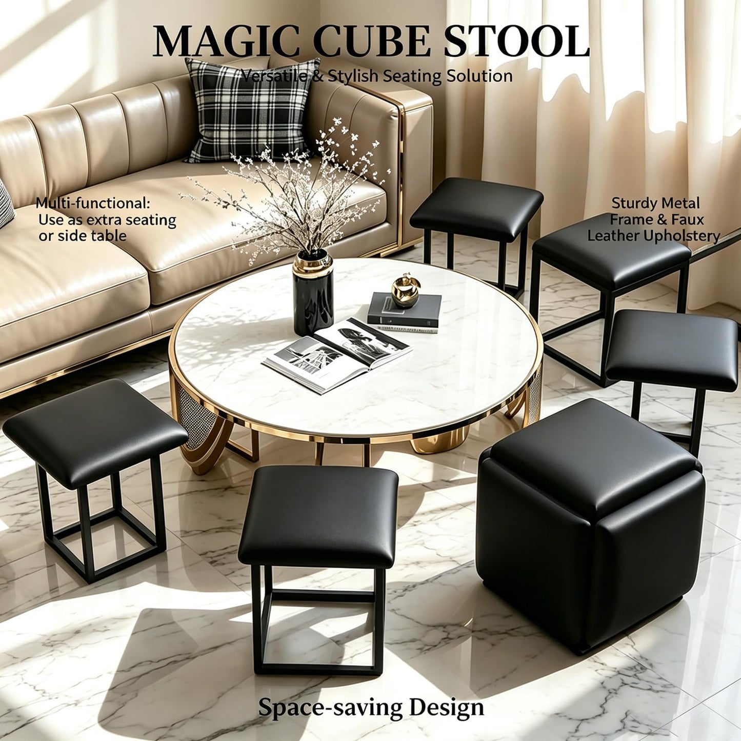 LUGSHIREE 5 in 1 Nesting Ottoman Cube Chair, Stackable Stools, Leather Square Ottoman Bench, Foot Stool with Wheels for Living Room,Dining Room 15.75x15.75x16.54 inches