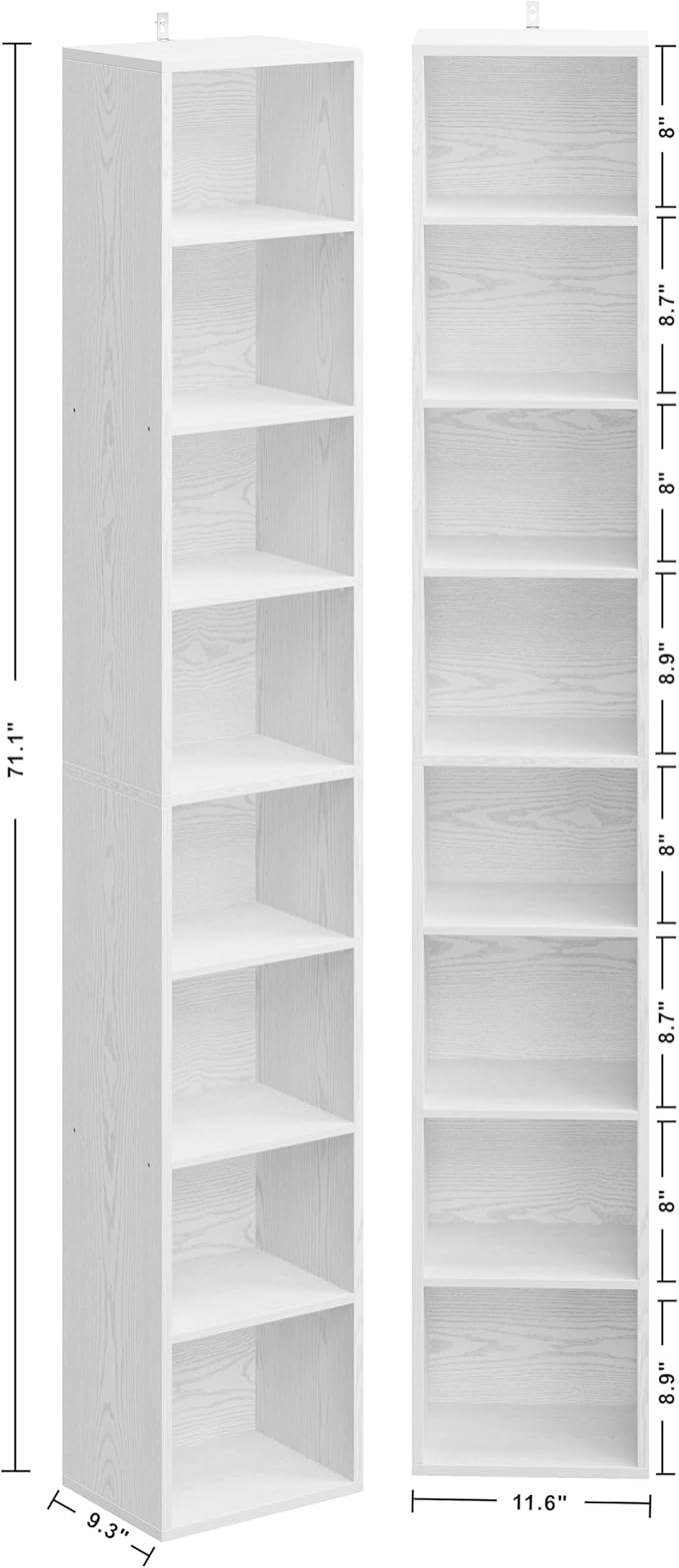 IRONCK Tall Narrow Bookshelf 8 Tiers 71in Set of 2, Compact Corner Bookcase