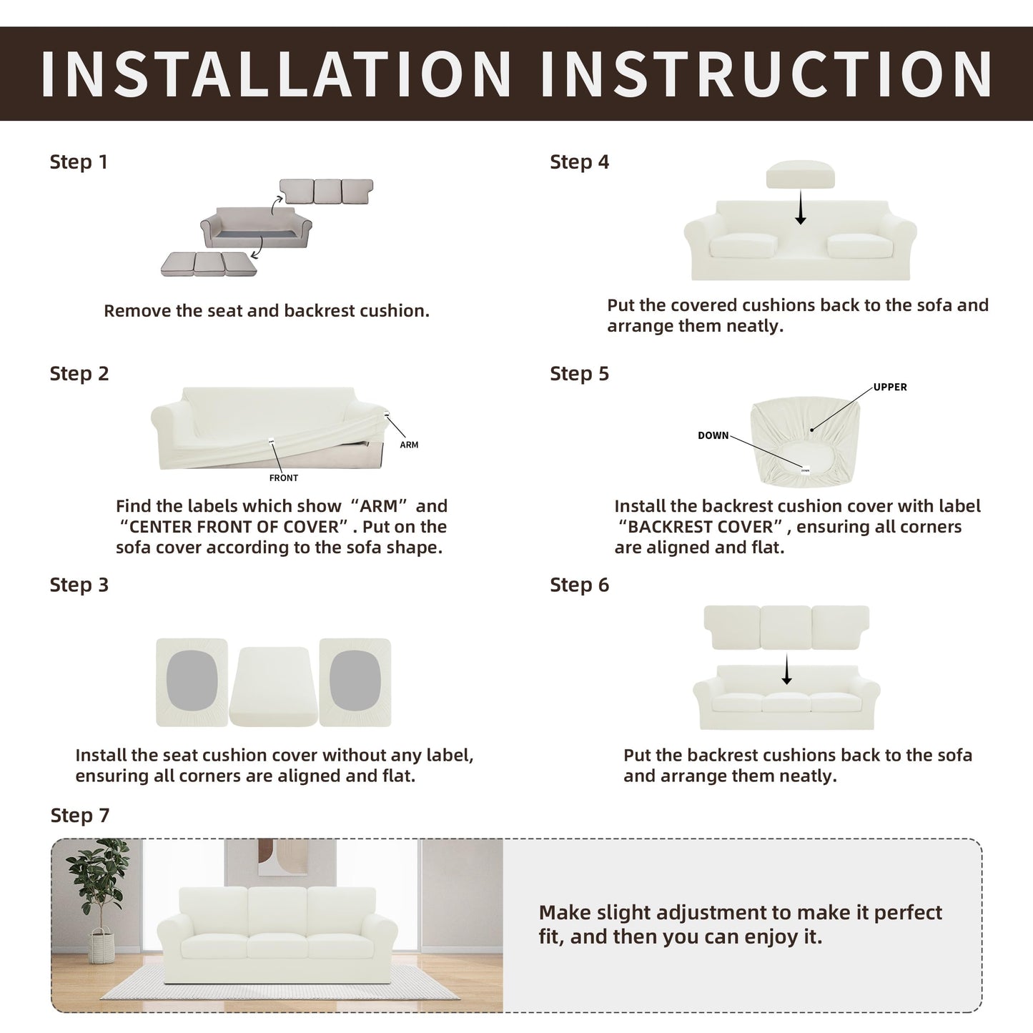 Easy-Going 7 Pieces Stretch Couch Cover Washable Sofa Cover Set for 3 Backrest and Seat Cushion Couch Anti-Slip Sofa Slipcover Furniture Protector with Elastic Bottom (Large, Ivory)