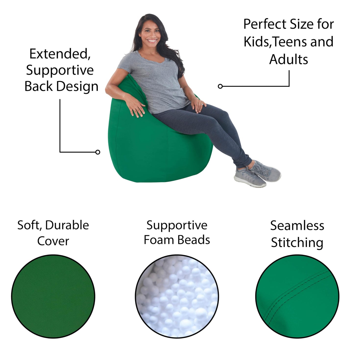 FDP SoftScape Dew Drop Bean Bag Chair with Supportive High-Back Design, For Kids, Teens and Adults, Alternative Seating for Dorms, Schools, Libraries, Daycares or Home - Green