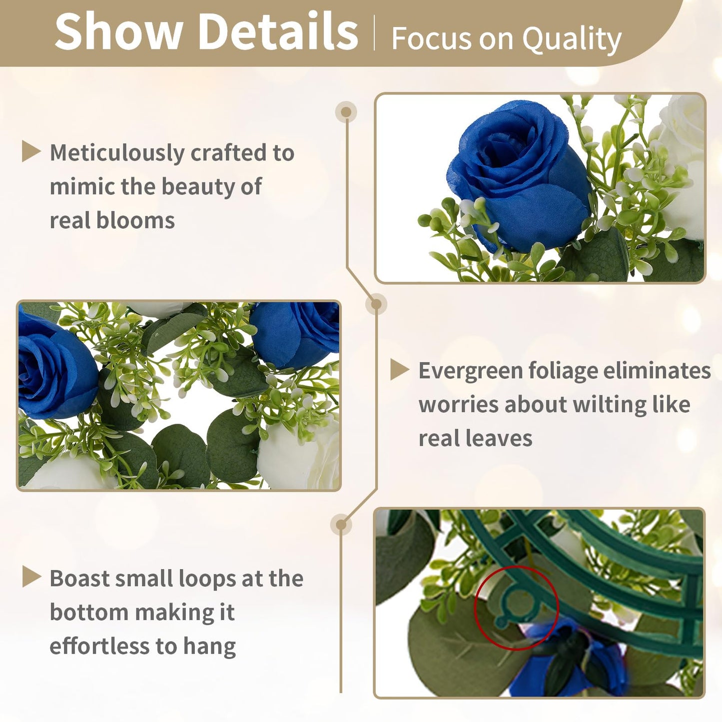 NUPTIO Flower Candle Rings for Centerpieces: 13.4 Inch Rose Wreath for Wedding Party Christmas - Royal Blue & White Wreaths for Spring Summer Front Door Porch Table Decor 6 Pcs